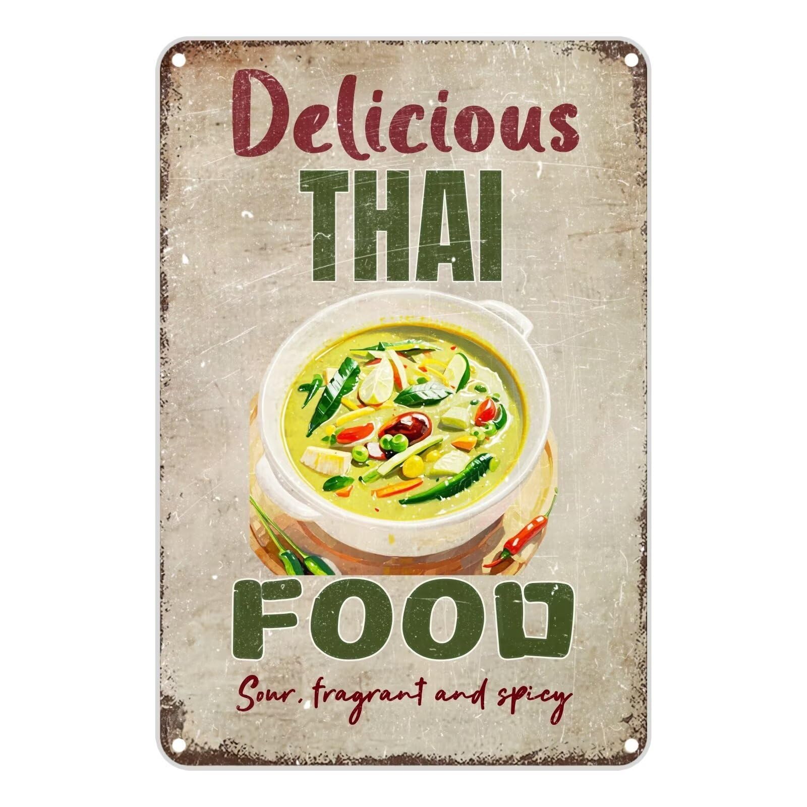 Vintage Metal Sign Aluminum Sign 8x12 inch DELICIOUS THAI FOOD Sour Fragrant And Spicy Green Curry Tin Sign Retro Wall Decor for Home, Cafe, and Garden - For Home Decor