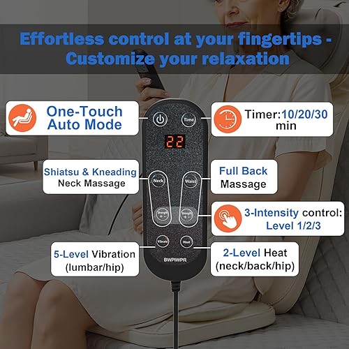 Miniatura 6 de Shiatsu - Cojín de masaje de cuello y espalda con calor, amasado 4D, vibración y diseño de doble cuello, intensidad y altura ajustables, ayuda con