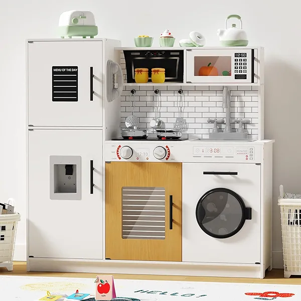 Babytronic Wooden Kitchen Playset for Kids, Interactive Play Kitchen with Lights & Sounds, Children Pretend Toy Kitchen Set with Faucet, Oven, Microwave, Kitchenware for Toddlers Ages 3+ (White)