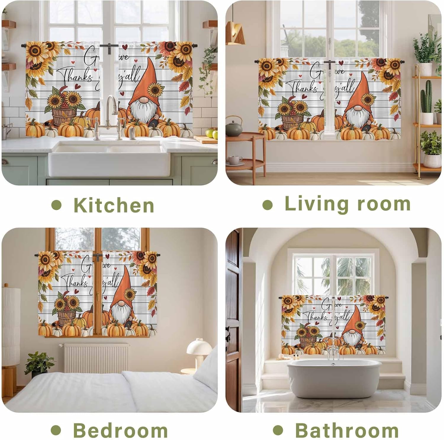 Fall Gnomes Kitchen Tier Curtains 45 Inch Long 2 Panel Set,Rod Pocket Short Window Treatment,Thanksgiving Pumpkins Sunflower Gray Wooden Curtains & Drapes for Bathroom Basement 27.5"W x 45"L