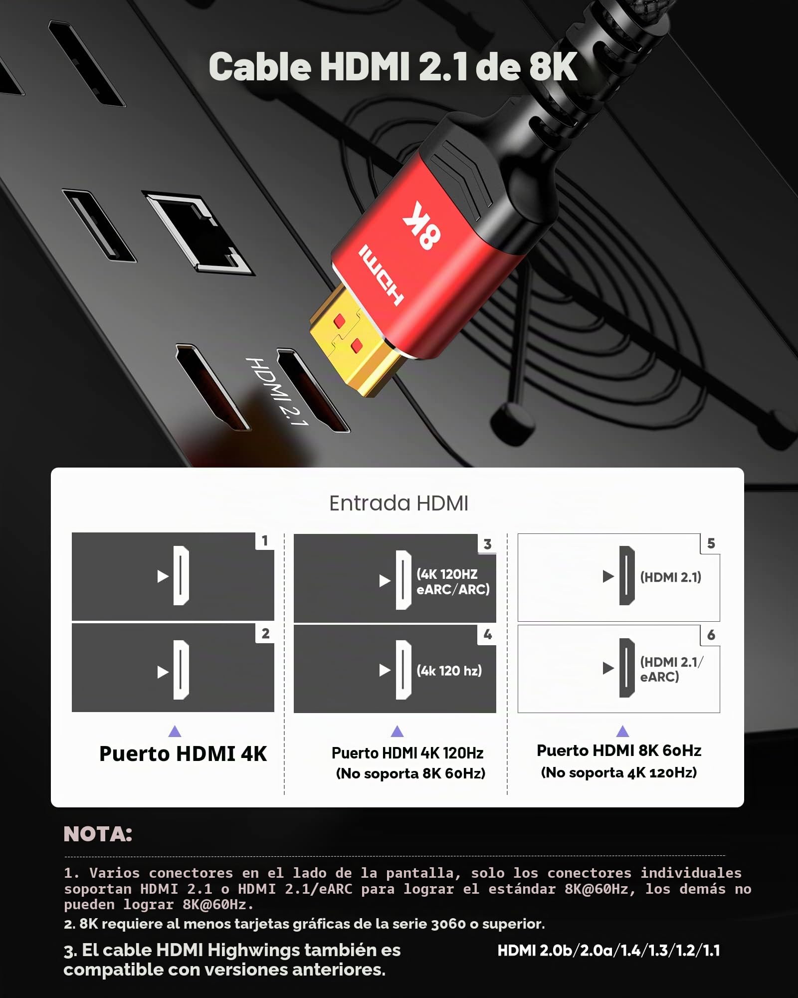 Highwings Cable HDMI 2.1 8K 10K de 6.6 pies/2 m, cable HDMI de ultra alta velocidad, cable trenzado 4K a 120Hz 8K a 60Hz, DTS:X, HDCP 2.2 y 2.3, HDR 10 compatible con Roku TV/HDTV/Blu-ray