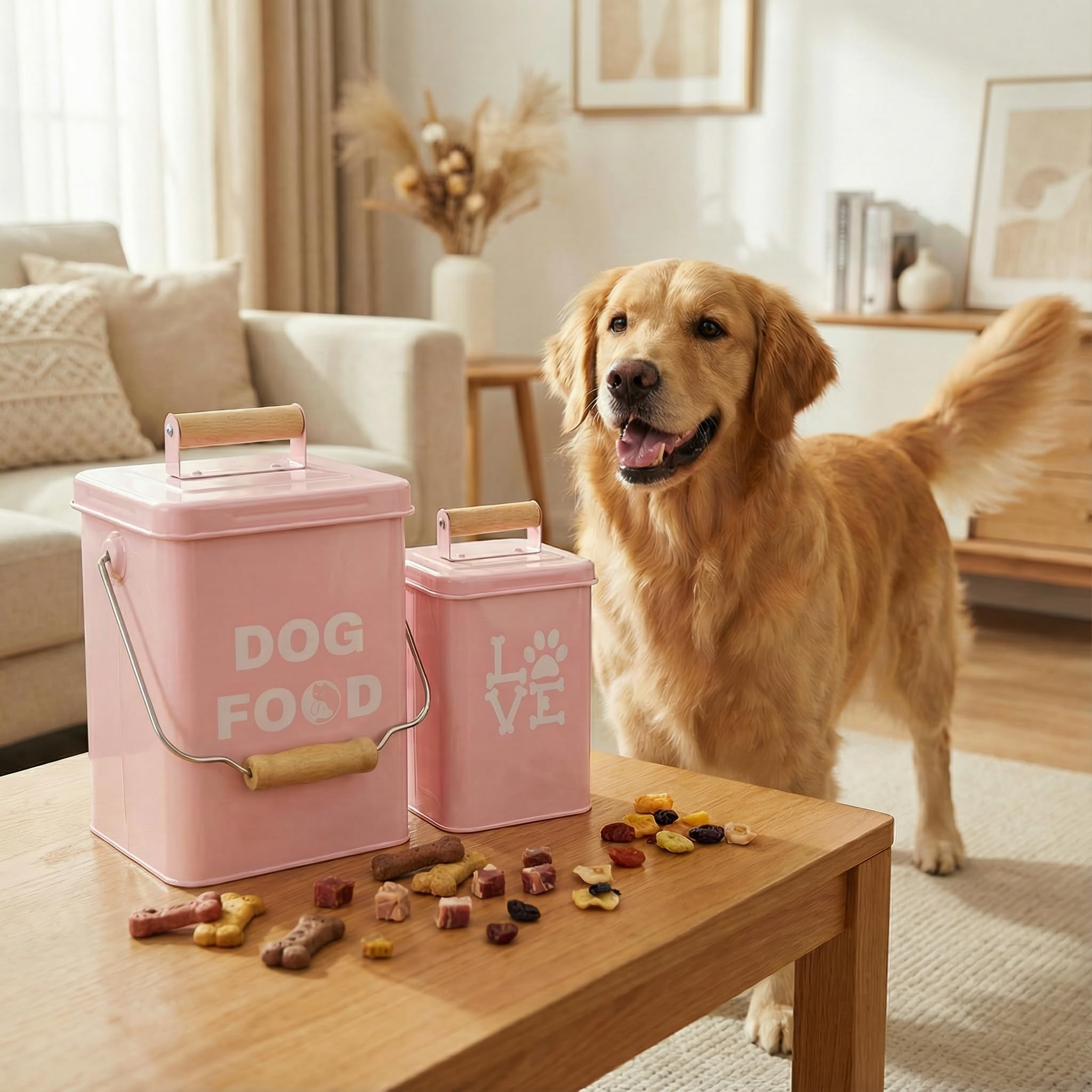 Set Von 2 Metall-Hundefutterbehältern-24,5x14,5cm&21,8x12cm, Rosa Großer Niedliches Leckerli-Glas Mit Deckel, Inklusive Löffel und Hundespielzeug, Futterbehälter Für Haustiere Für Küchenarbeitsplatte