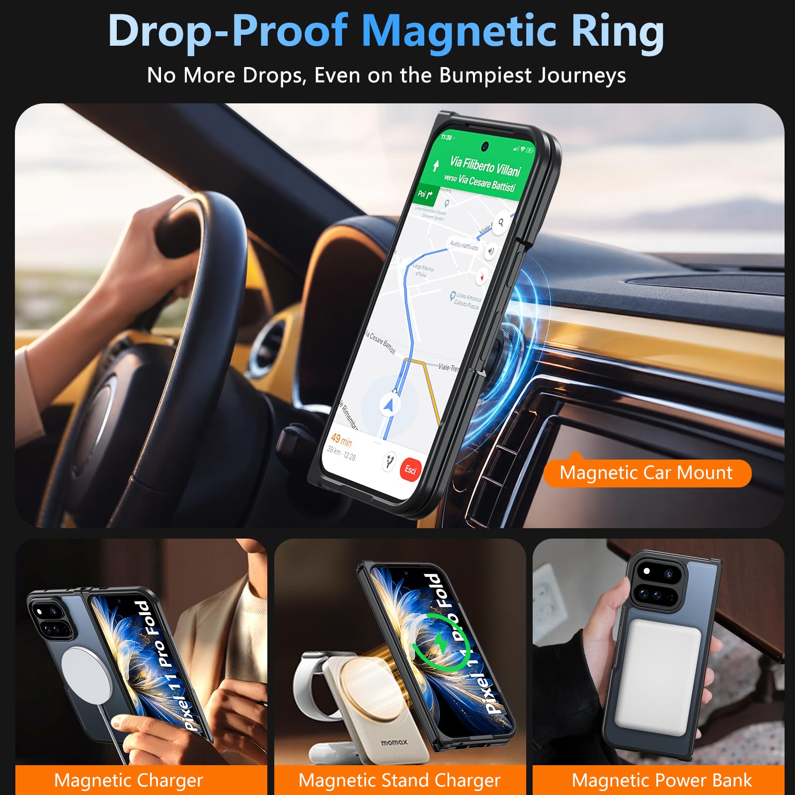 Hensinple Magnetico per Google Pixel 11 Pro Fold Case | Compatibile con MagSafe, custodia protettiva opaca traslucida di grado militare antiurto robusta per Pixel 11 Pro Fold, nero