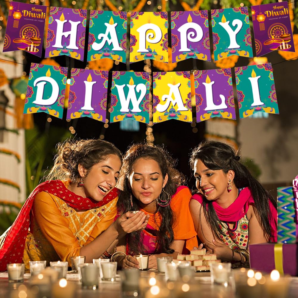 Diwali Party Decorations Kit - Colorful Balloon Garland Arch With Happy Diwali Banner