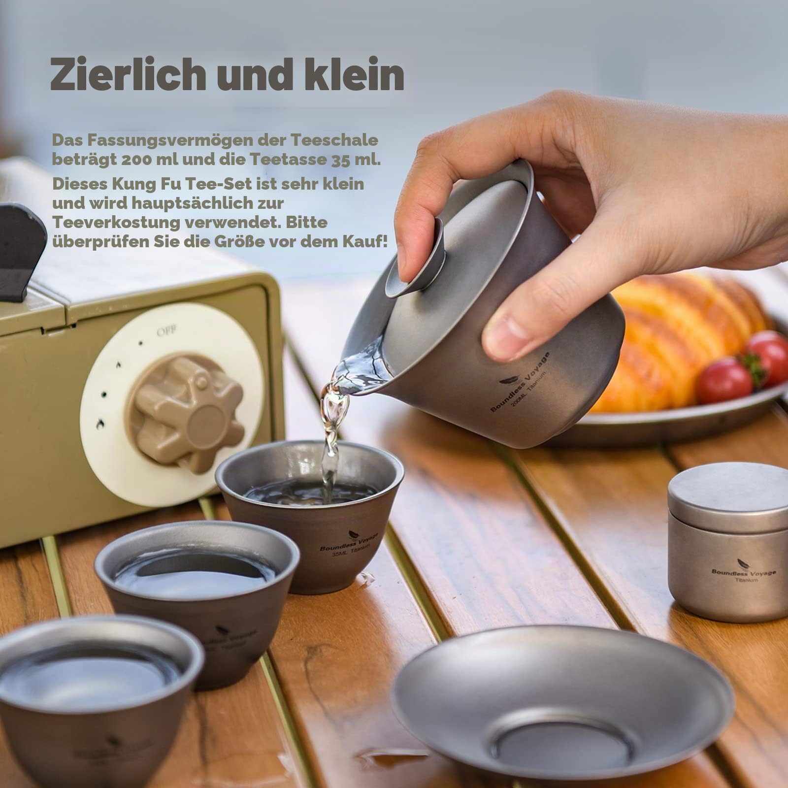 iBasingo 200ml Titan Gaiwan 3 35ml Kung Fu Teetasse & Untertasse mit Deckel Tragbares Reise Teeservice Chinesische Teeset Leichtes Outdoor Camping Doppelwandige Langlebige Teetassen Ti3124D