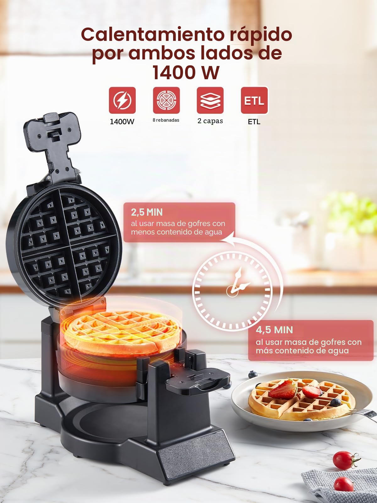Waffle Maker, 1400 W doble gofre belga 180° Flip, 8 rebanadas en 3 minutos, placas giratorias y antiadherentes, antiarañazos, bandeja de goteo extraíble fácil de limpiar, mango de tacto fresco,