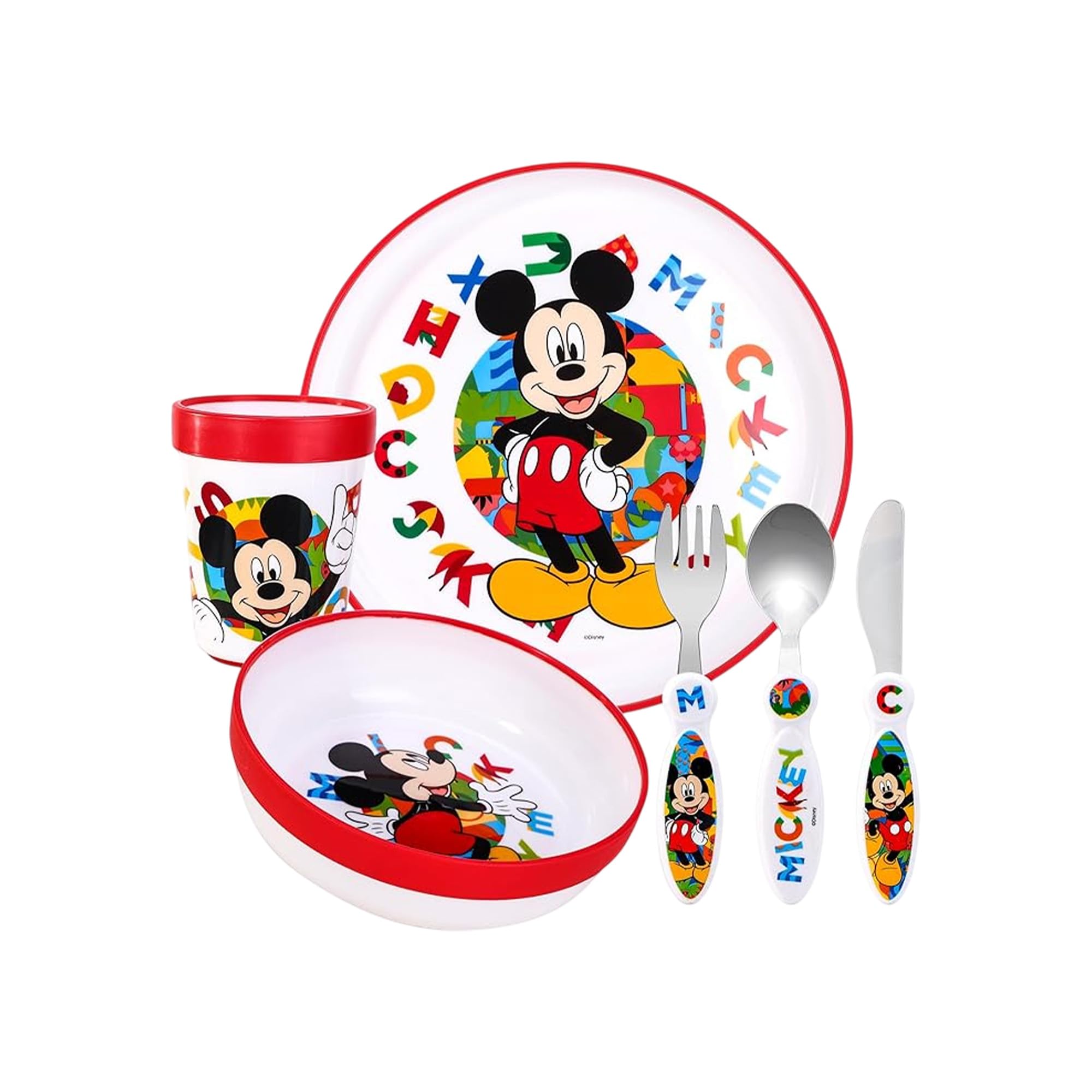Mickey Mouse Kids 6 Piece Reusable Dinner Set - Cup, Bowl, Plate & Cutlery
