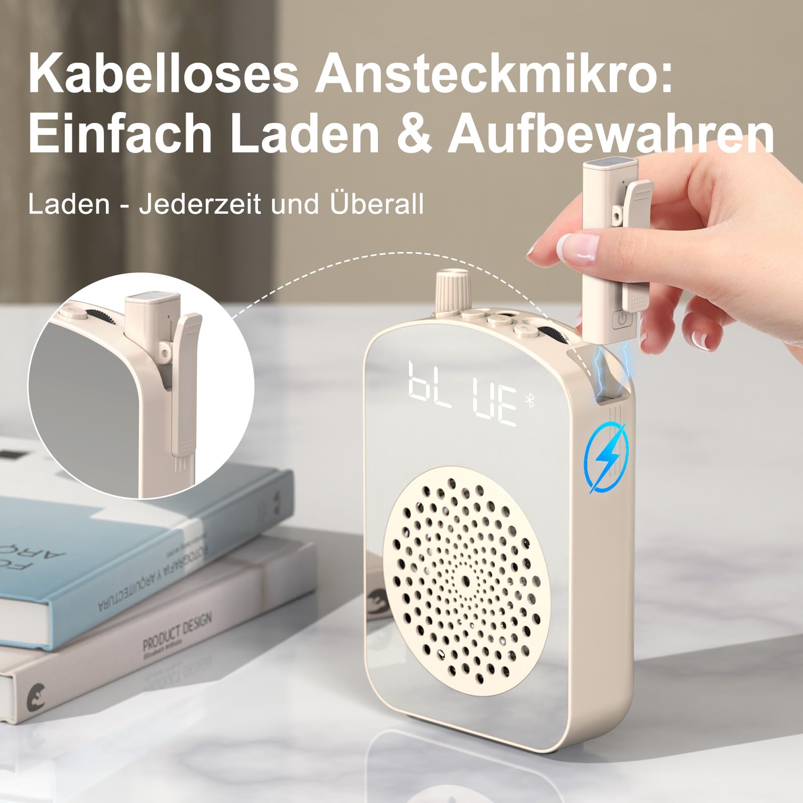 Mini amplificateur de voix sans fil avec microphone à revers - Haut-parleur portable avec étui de chargement et de rangement - Beige