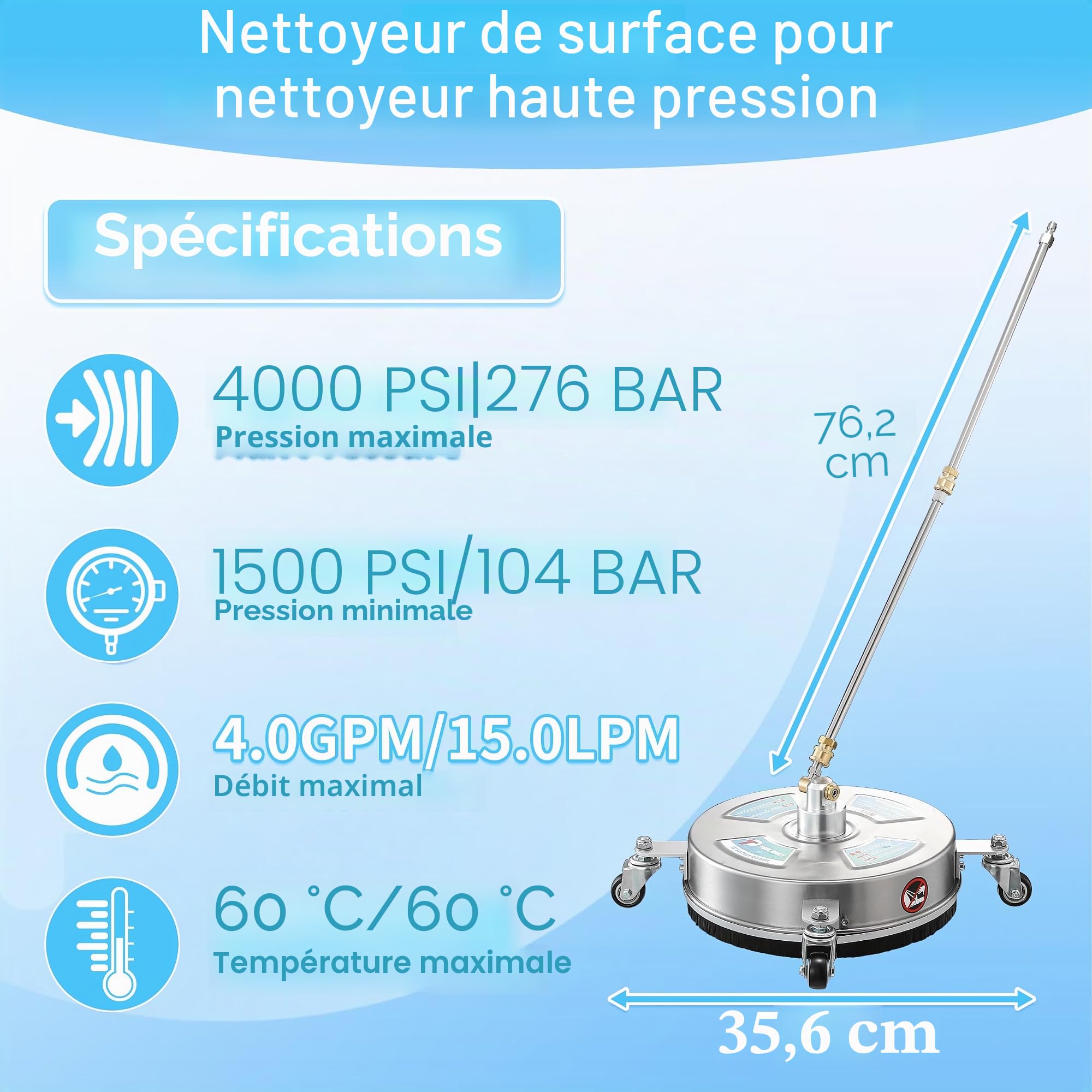 Tool Daily Nettoyeur de Surface pour Nettoyeur Haute Pression de 35,6 cm, Fixation en Acier Inoxydable avec 4 Roues, 2 Rallonges et 2 Buses de Rechange, 4000 PSI