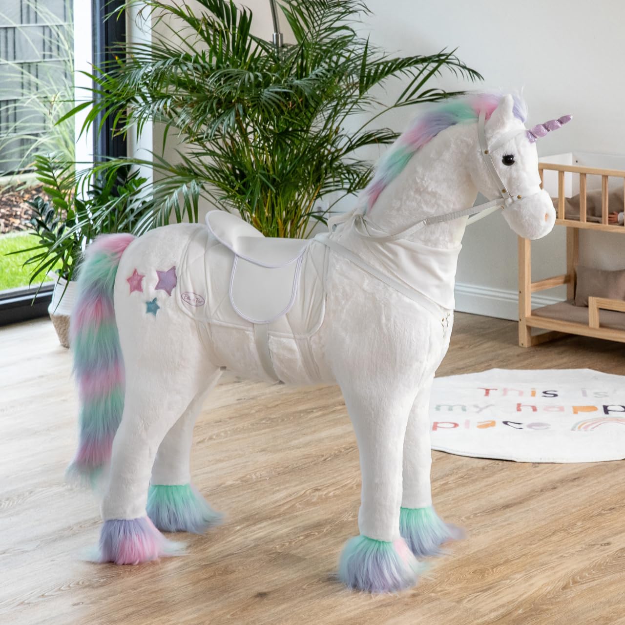ELLA & PIET® Großes XXL Stehpferd Einhorn Snow mit Sattel (Weiß-Pastell) Steheinhorn Standpferd