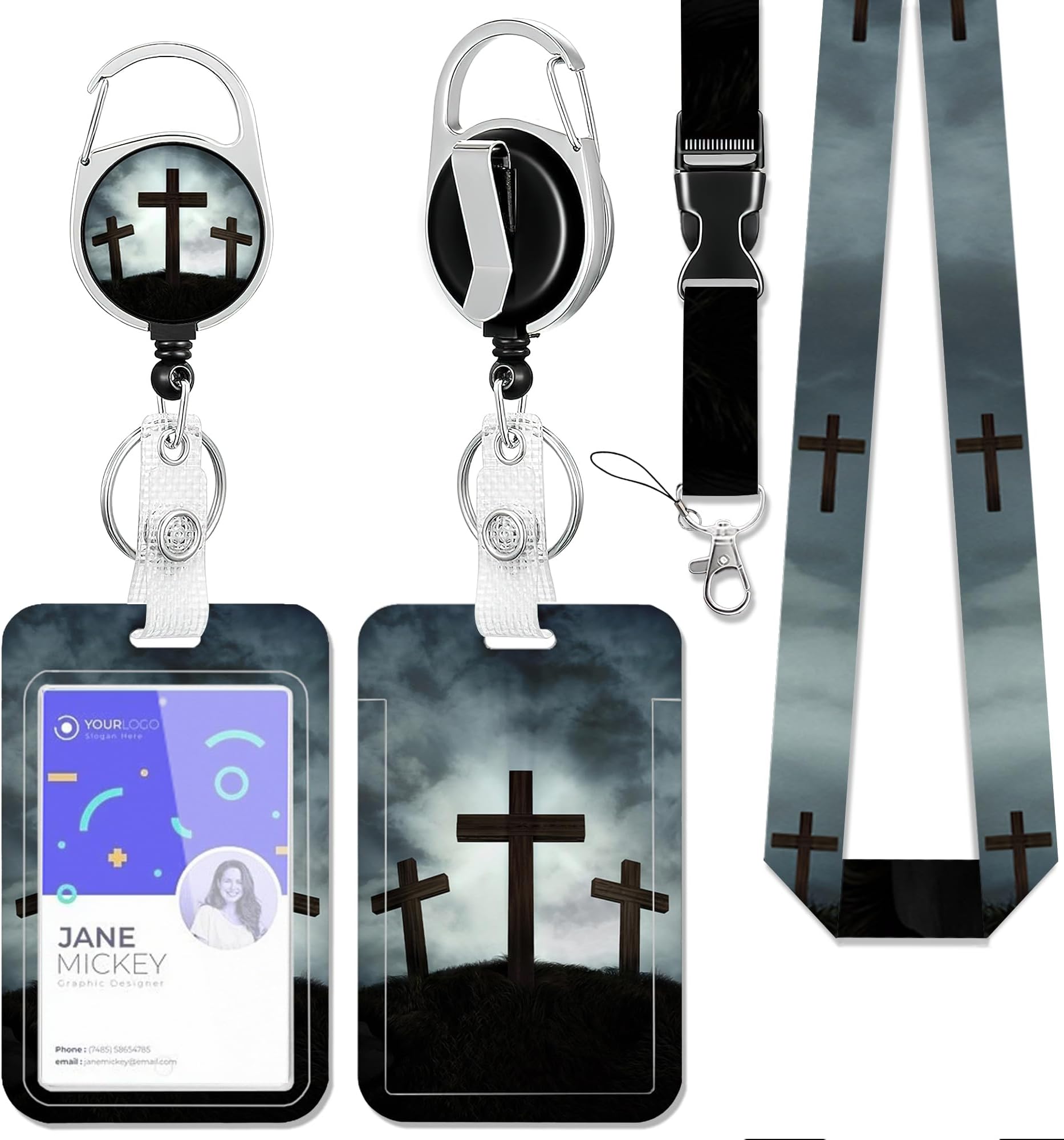 Three Crosses Badge Holder with Retractable Reel Clip,Sunlight Lanyards for Id Badges,Plastic Case with Carabiner Clip Vertical ID Card Protector for Women Student Office Gifts