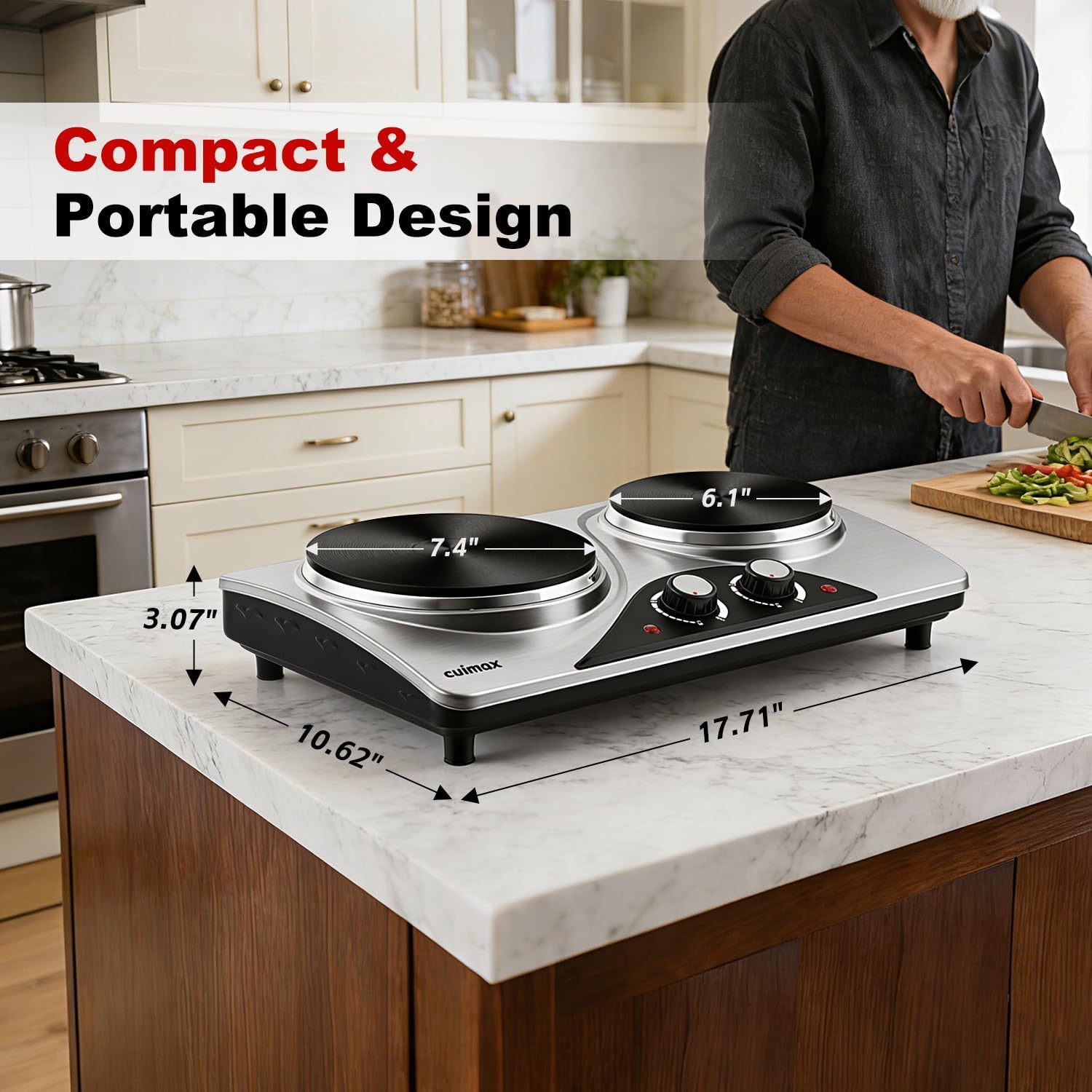 Double Burner, CUSIMAX Electric Hot Plate for Cooking, 1800 Watts Portable Countertop Burner, Cast Iron Hot Plates with Dual Adjustable Temperature, Easy to Clean, Sliver