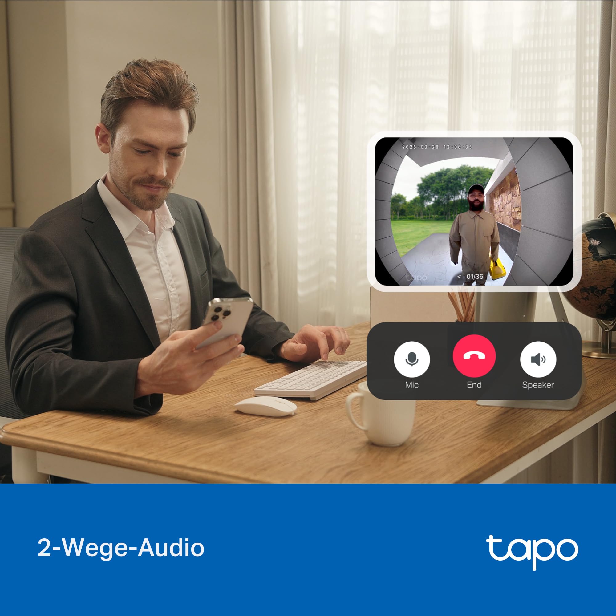 Tapo D205 Akku-Videotürklingel | WLAN Türklingel mit Kamera | 2K, 160° Weitwinkel, Zwei-Wege-Audio | Integrierter Akku | Lokale Speicherung auf microSD & H500 HomeBase | Kompatibel Solarpanel