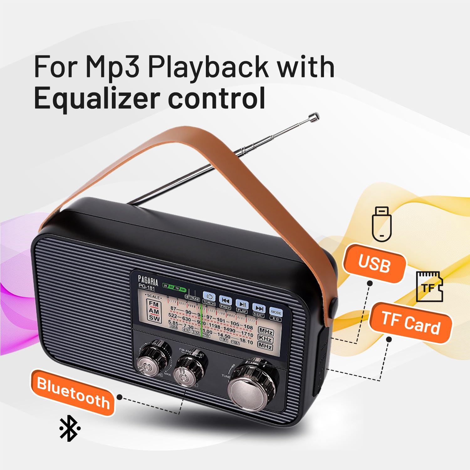 PAGARIA 3 Band FM/AM/SW DSP Portable Radio with 5 Watts, Torch, Bluetooth, USB/TF, Earphone, Aux, Model: PG-181 — Amazon image 3