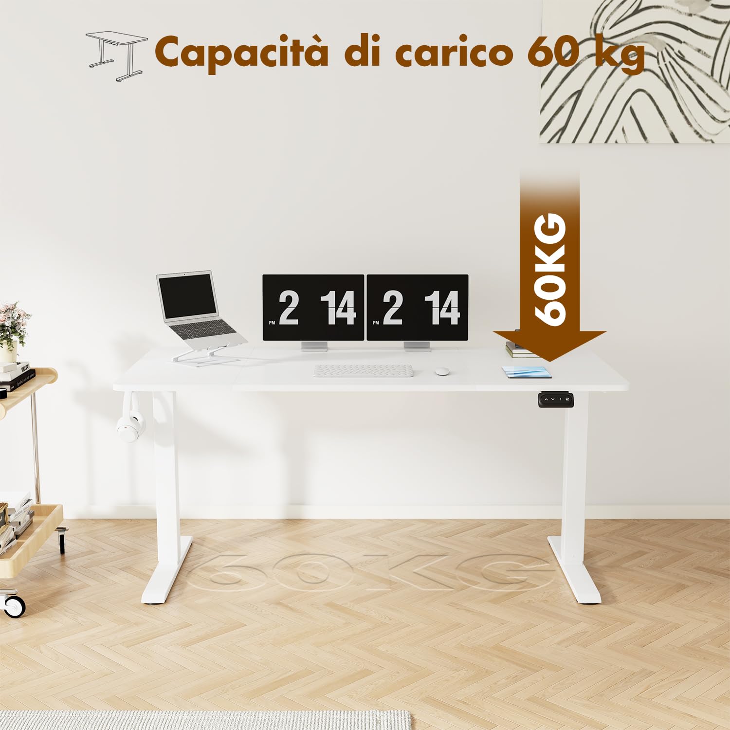 Devoko 140 x 60 cm scrivania elettrica regolabile in altezza con gancio per cuffie, altezza regolabile 71-119 cm, 2 altezze di memoria. scrivania da ufficio, camera da letto, stanza di studio (Bianco)