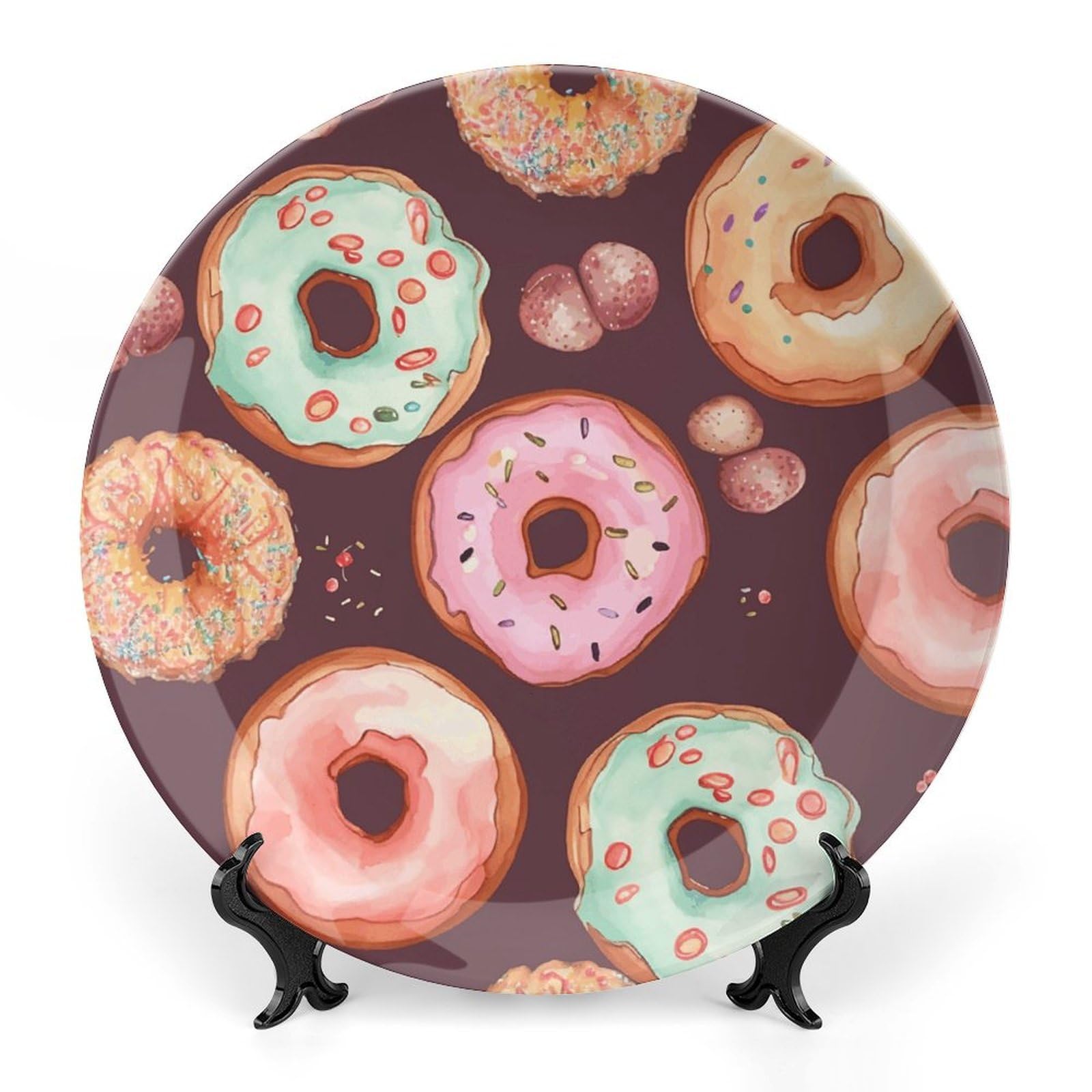 Assiette décorative en céramique imprimé beignets avec support inclus