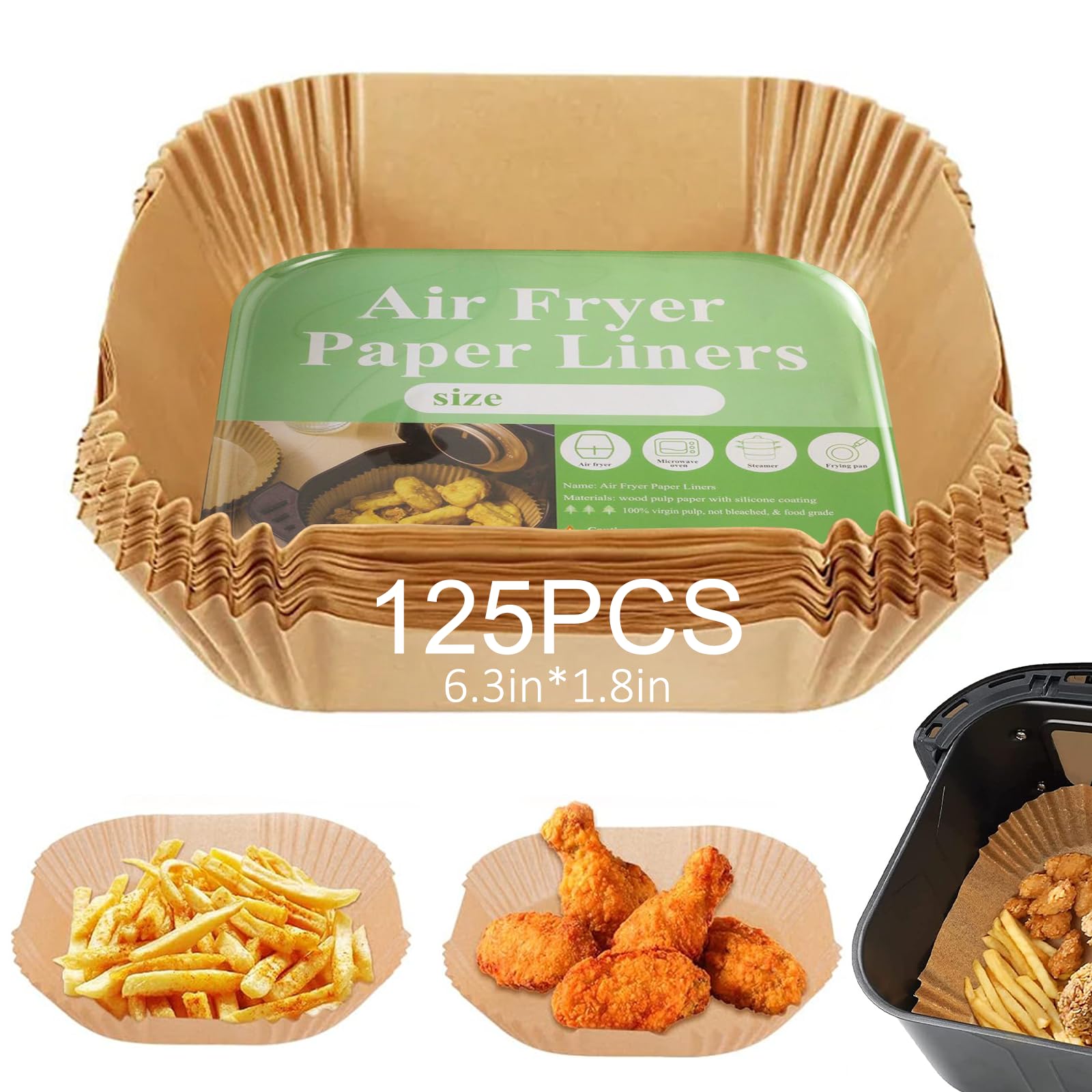 Airfryer pişirme kağıdı, 125 adet, 16 cm, sıcak hava fritözü, Airfryer fırın kağıdı, köşeli, su ve yağa dayanıklı, sıcak hava fritözü, fırın ve buharlı pişiriciler için uygundur