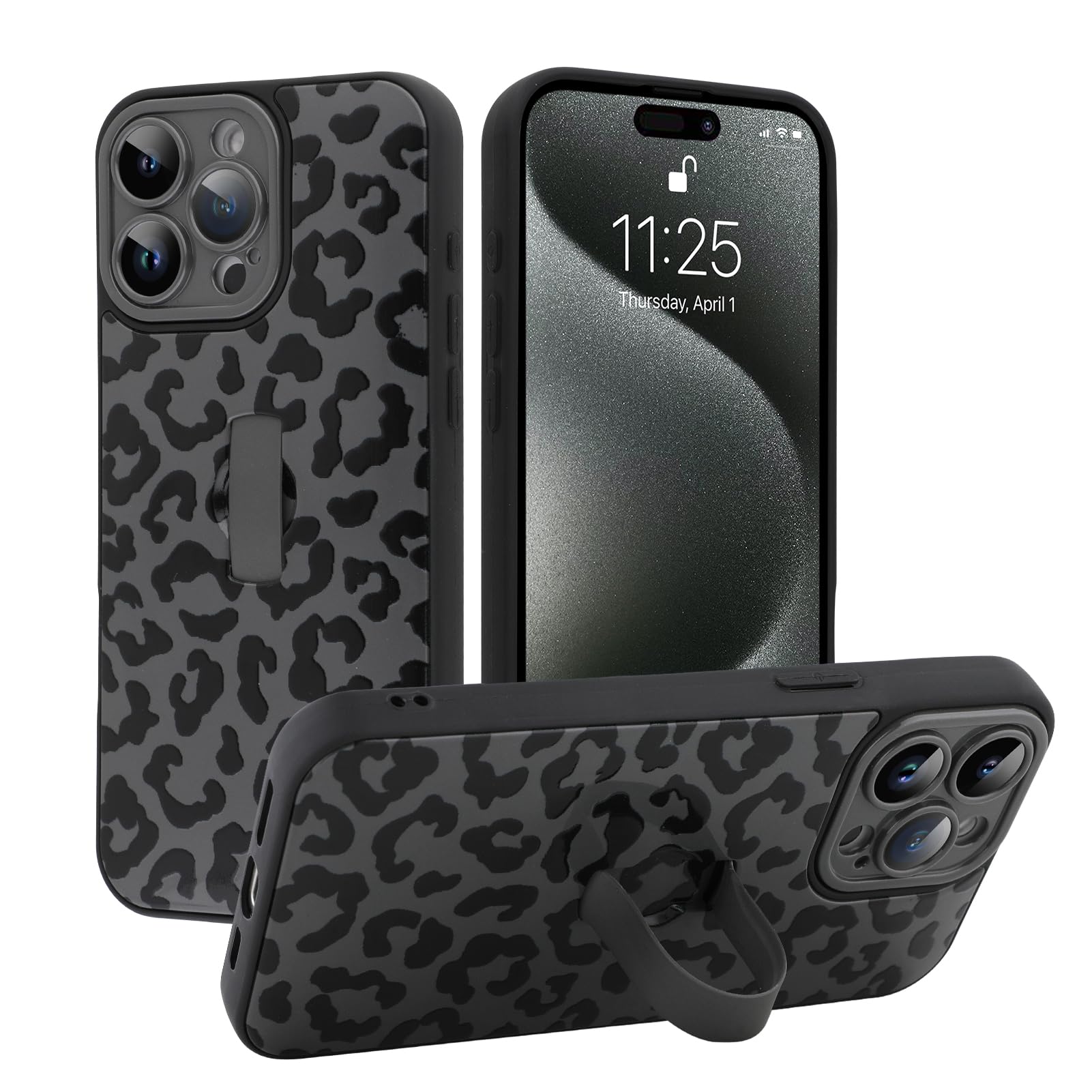 MOWIME Compatible with iPhone 15 Pro Max Case with Finger Strap, Cheetah Print Shockproof Soft TPU Protective Cover for Women Girls, Slim Anti Scratch
