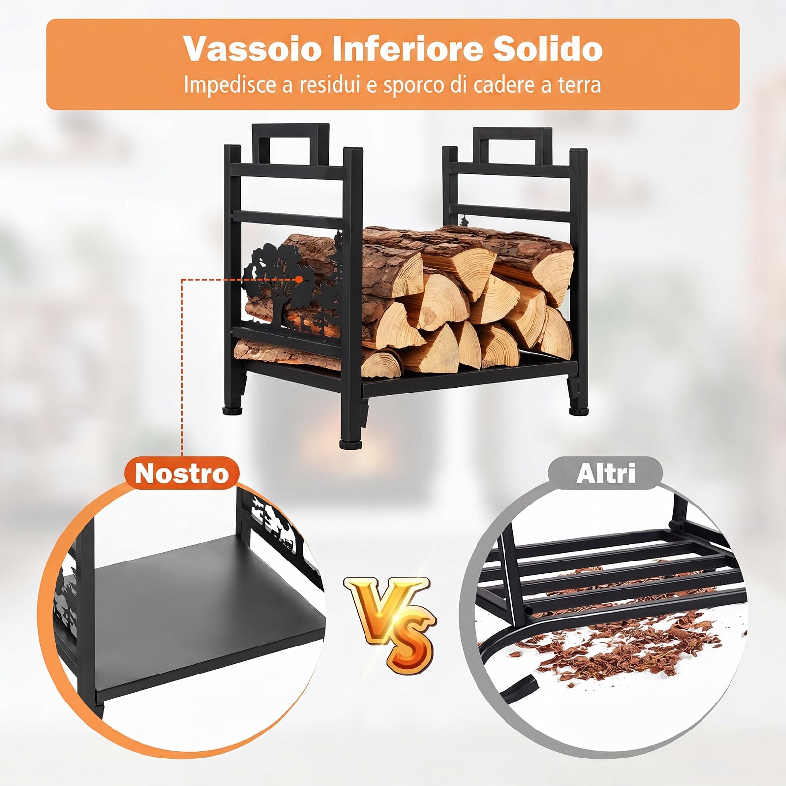 COSTWAY Porta Legna da Interno ed Esterno | Portalegna in Metallo con Ripiano Rialzato e Delicato Disegno, 45 x 33 x 44 cm, Portata 50 kg