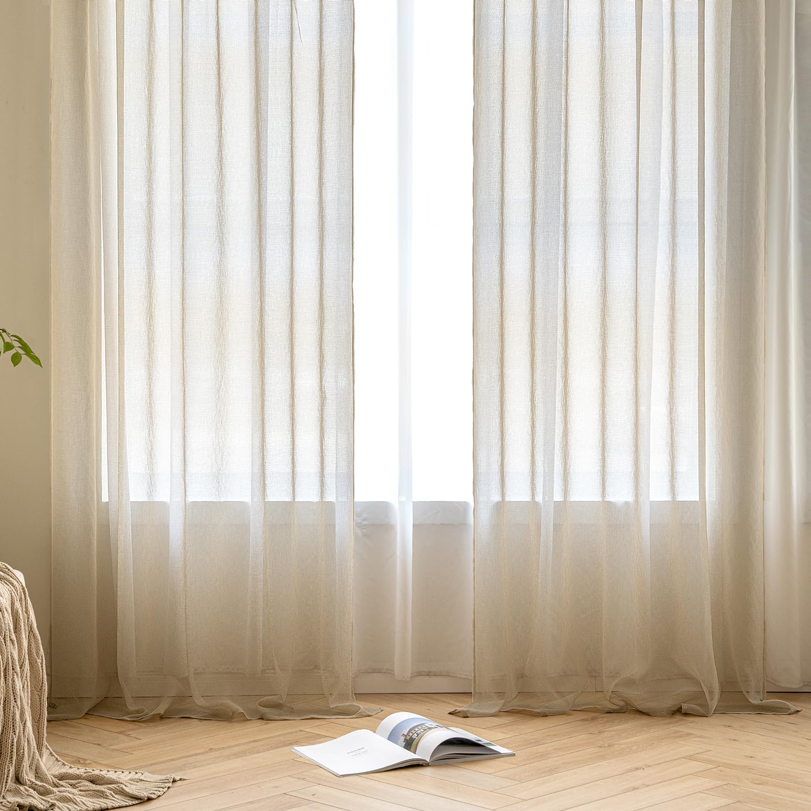 MIULEE Voilage Beige Lot de 2 140x245cm Transparent Galon Fronceur | Voilage Transparent Pour Fenêtre, Rideau Intérieur à Galon Fronceur, Décoration Salon, Chambre et Cuisine
