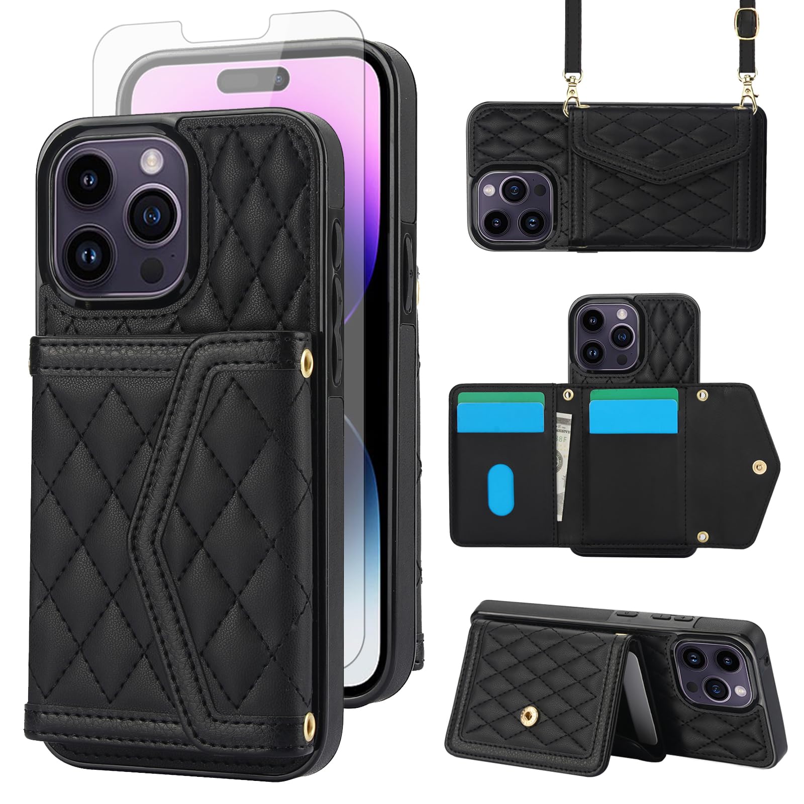 Asuwish Phone Case for iPhone 14 Pro 6.1 inch Wallet Cell Cover with Tempered Glass Screen Protector RFID Blocking Card Holder Crossbody Strap