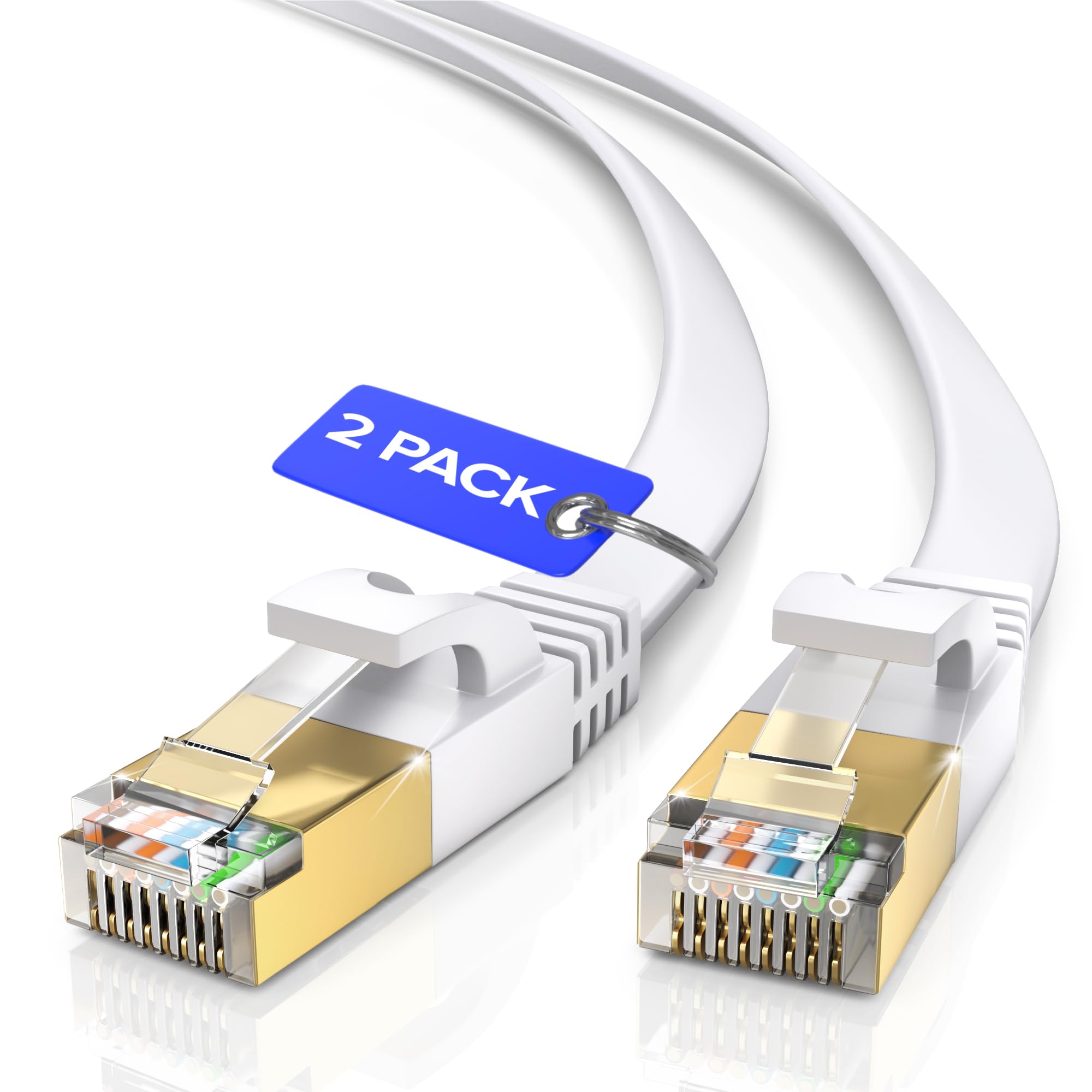 Maximm Lot de 2 câbles réseau Ethernet plats Cat7 - 30,5 m - Blancs - Câble d'extension haut débit - Câble Internet pour modem, routeur, LAN, ordinateur - Compatible avec réseau Cat 5e, Cat 6