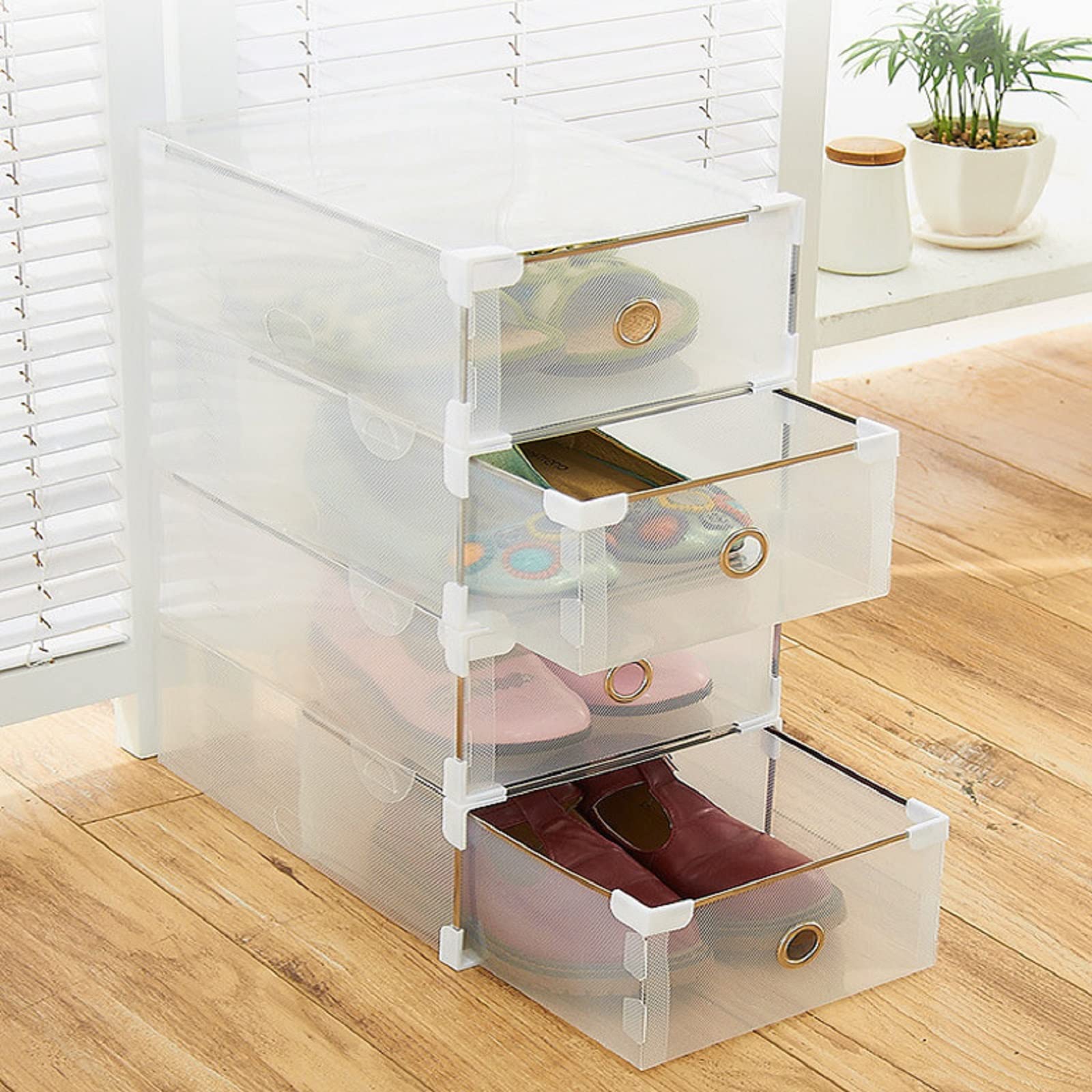Paquete de 20 cajas de plástico para zapatos, cajas de almacenamiento plegables y apilables, caja de almacenamiento apilable para hombres y mujeres