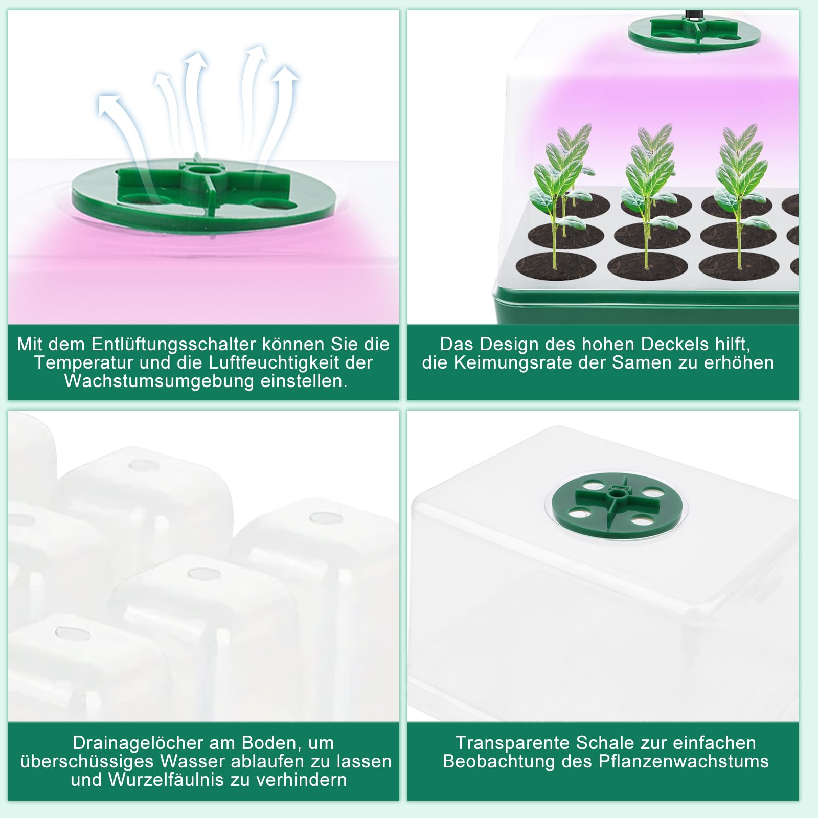 5 Pezzi Vassoi per Germinazione, Mini Serra Germinazione, Vassoi per Semi con Luce di Coltivazione, Semenzaio Propagatore Semi con Coperchi Alto con 10 Etichette, 2 Strumenti per Piante da Semina