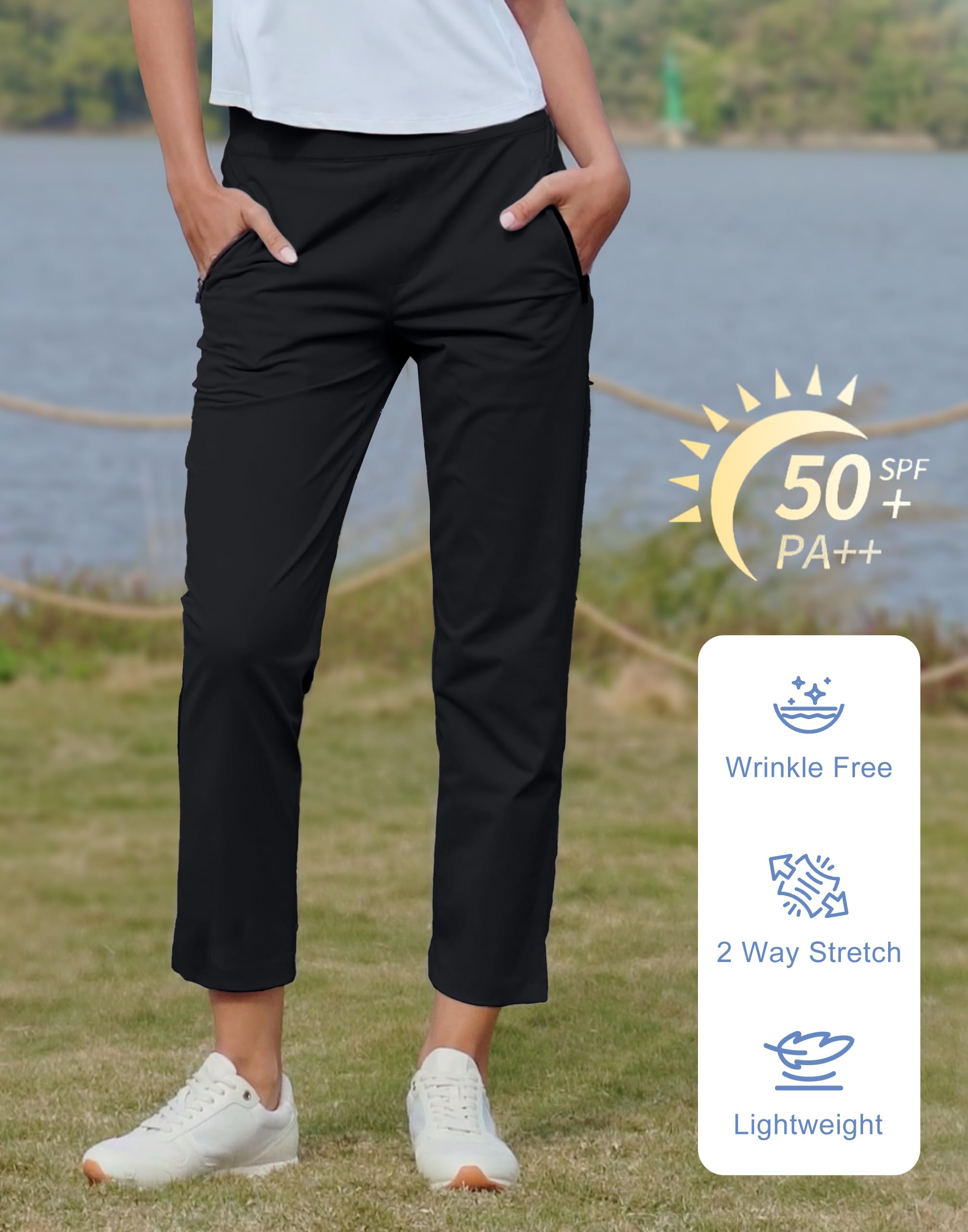 Pioneer Camp Pantalones de golf para mujer, 7/8 largos con bolsillos laterales, pantalones elásticos transpirables para oficina, viajes y deportes, cintura elástica con cordón, pantalones ligeros y