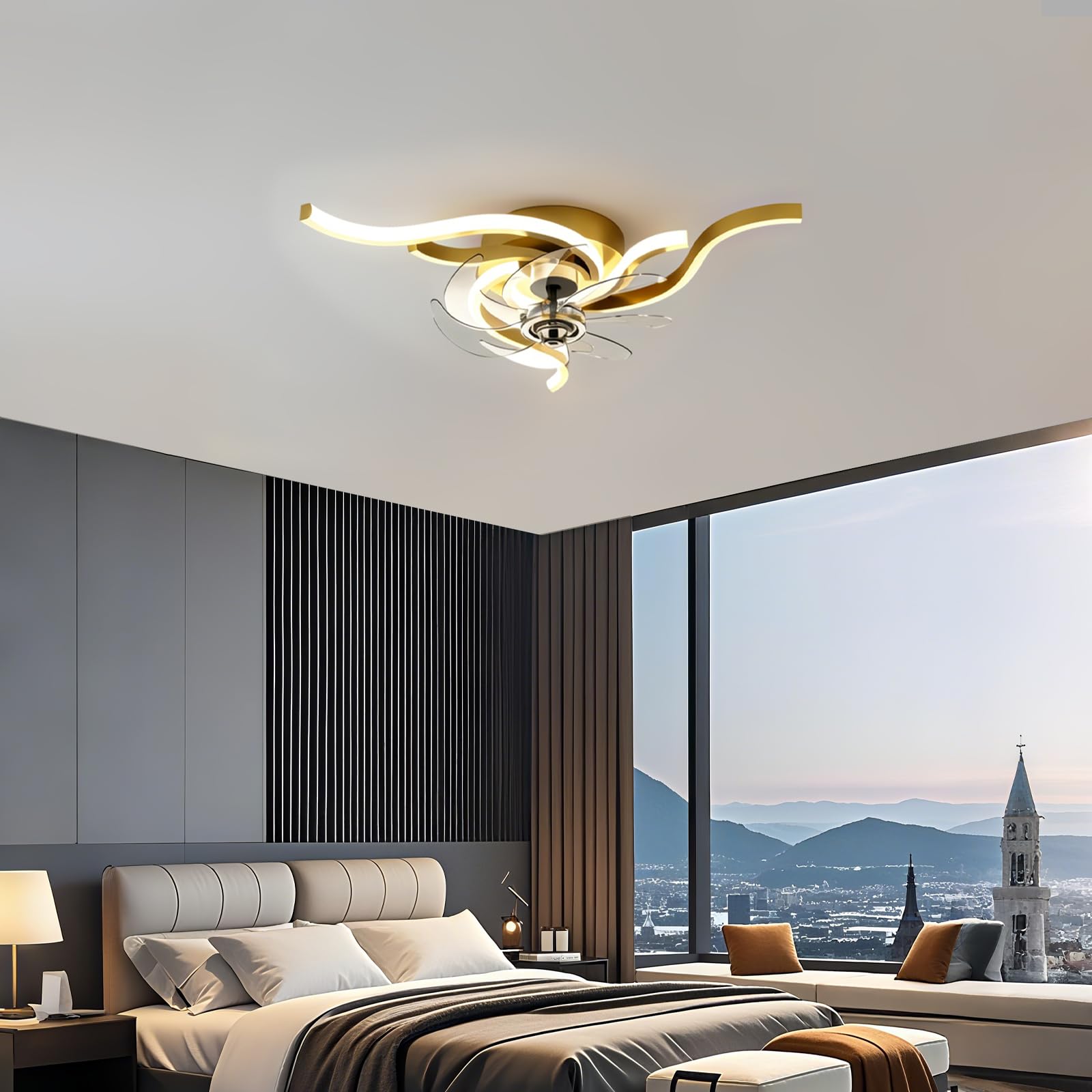 60 cm LED Deckenleuchte mit Ventilator spiralförmig Moderne Dimmbare Deckenventilatoren 6-Speed Lampe mit Ventilator Mit Fernbedienung App Timer Leiser für Schlafzimmer Esszimmer Büro (Gold)