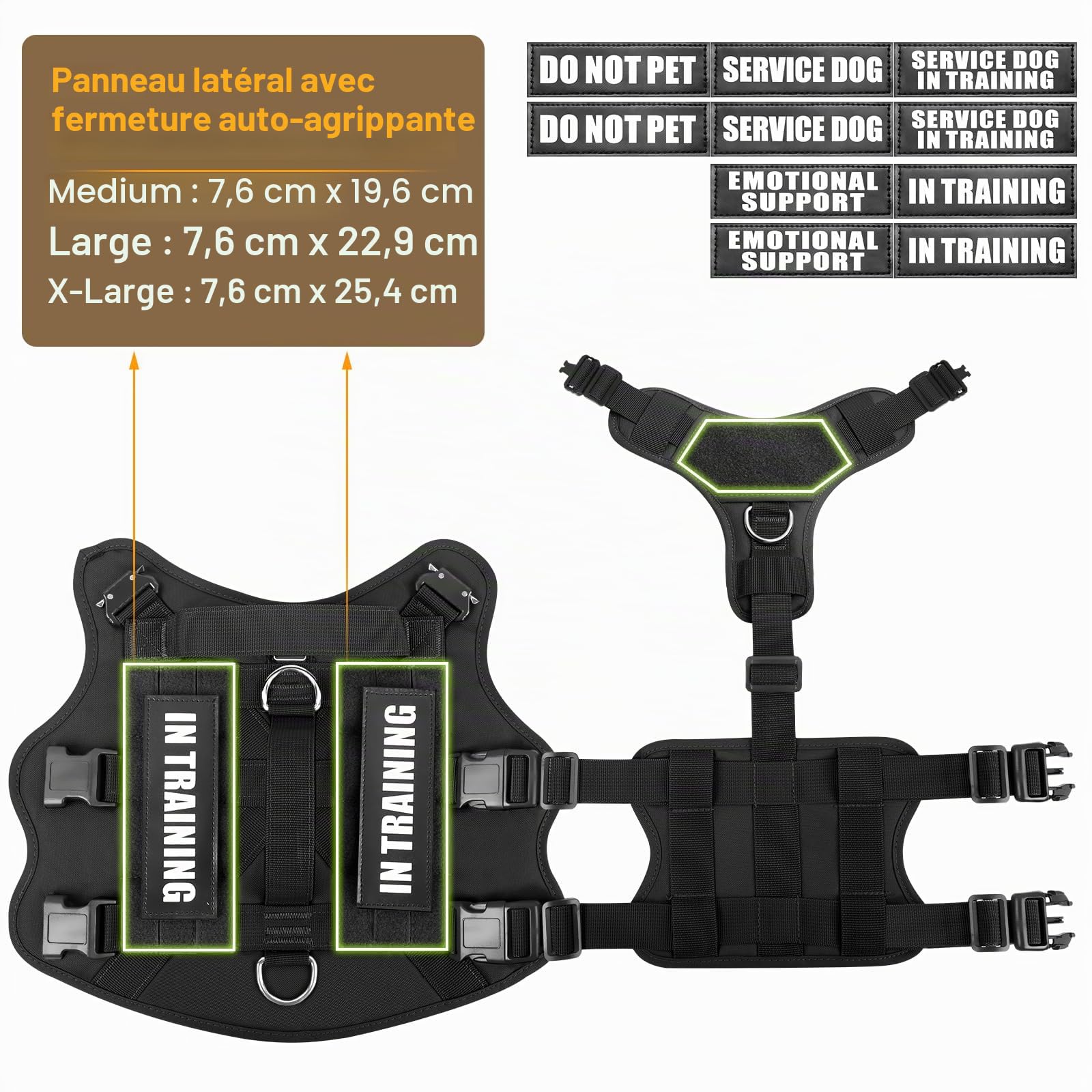 WINSEE - Harnais pour Chien d'assistance de Grande Taille, Gilet Tactique Molle avec 10 Patchs pour Animaux, Harnais Robuste Anti-Traction pour l'entraînement à la Marche