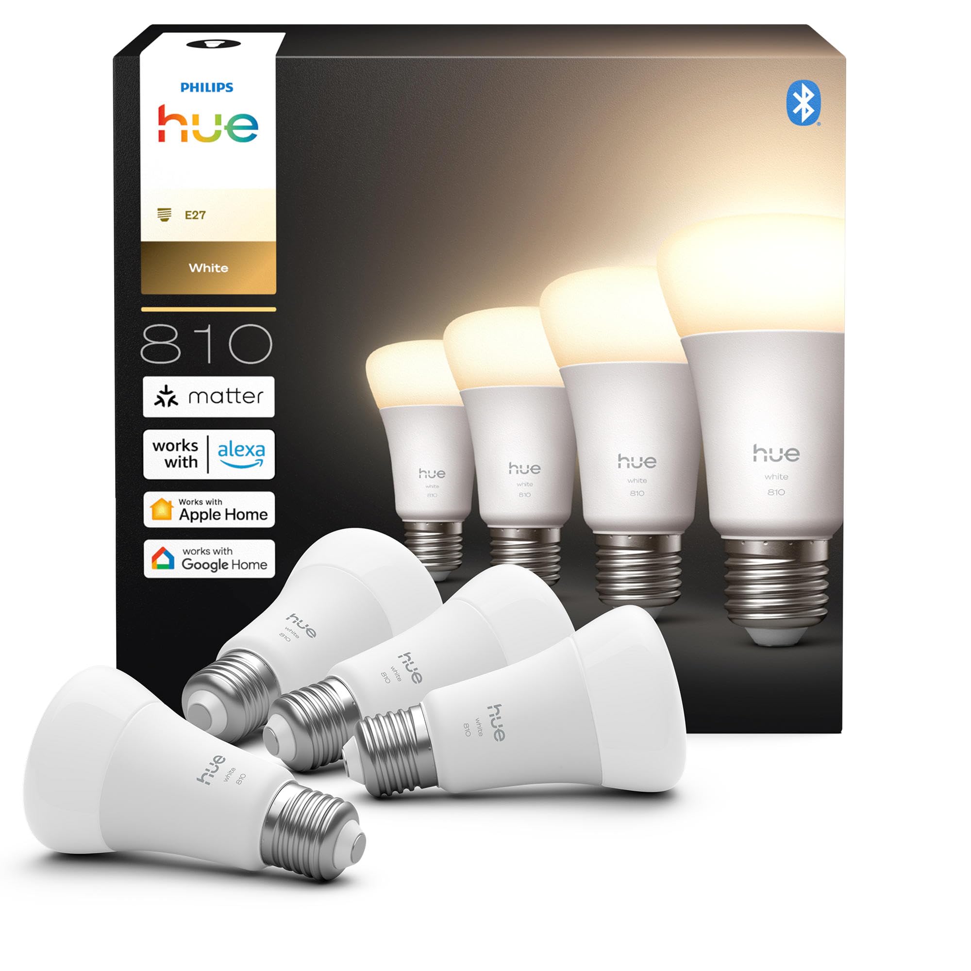 Lampada Philips Hue Smart LED A60, luce bianca calda 2.700 K, E27 Base, 9,5 W, 810 lumen, intensità regolabile, compatibile con Alexa, Google Assistant e Apple Home, conf. da 4