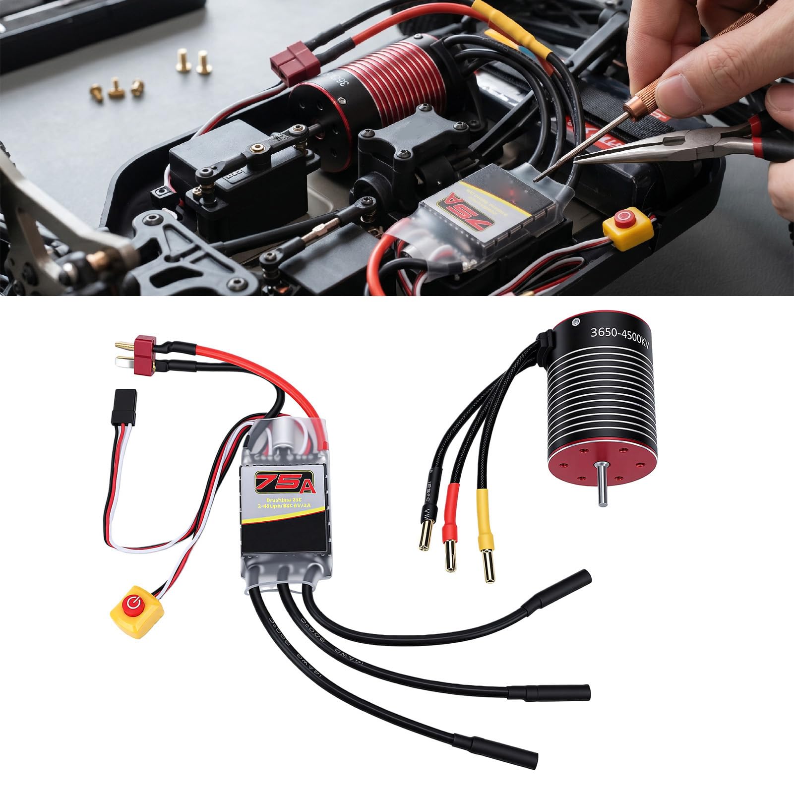 VGEBY Bezszczotkowy Silnik i ESC, Wodoodporny Zestaw Bezczujnikowy 4500KV 75A z Radiatorem Aluminiowym 6061, Moc 2S 3S dla Samochodów RC w Skali 1/10, łodzi i Buggy w Skali 1/8