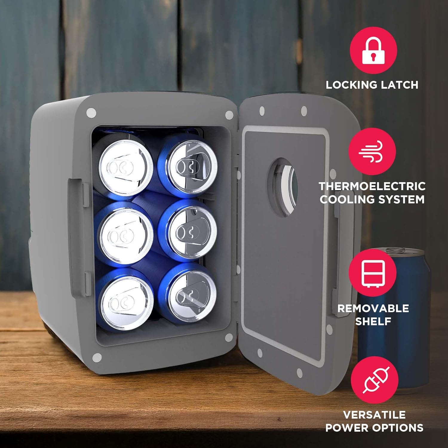 Frigidaire Mini Personal Fridge Cooler, 4L Capacity Chills Six 12 oz Cans, Portable & Compact, AC Plug & 12V Car Charger – GREY, BUILT IN BLUETOOTH SPEAKER