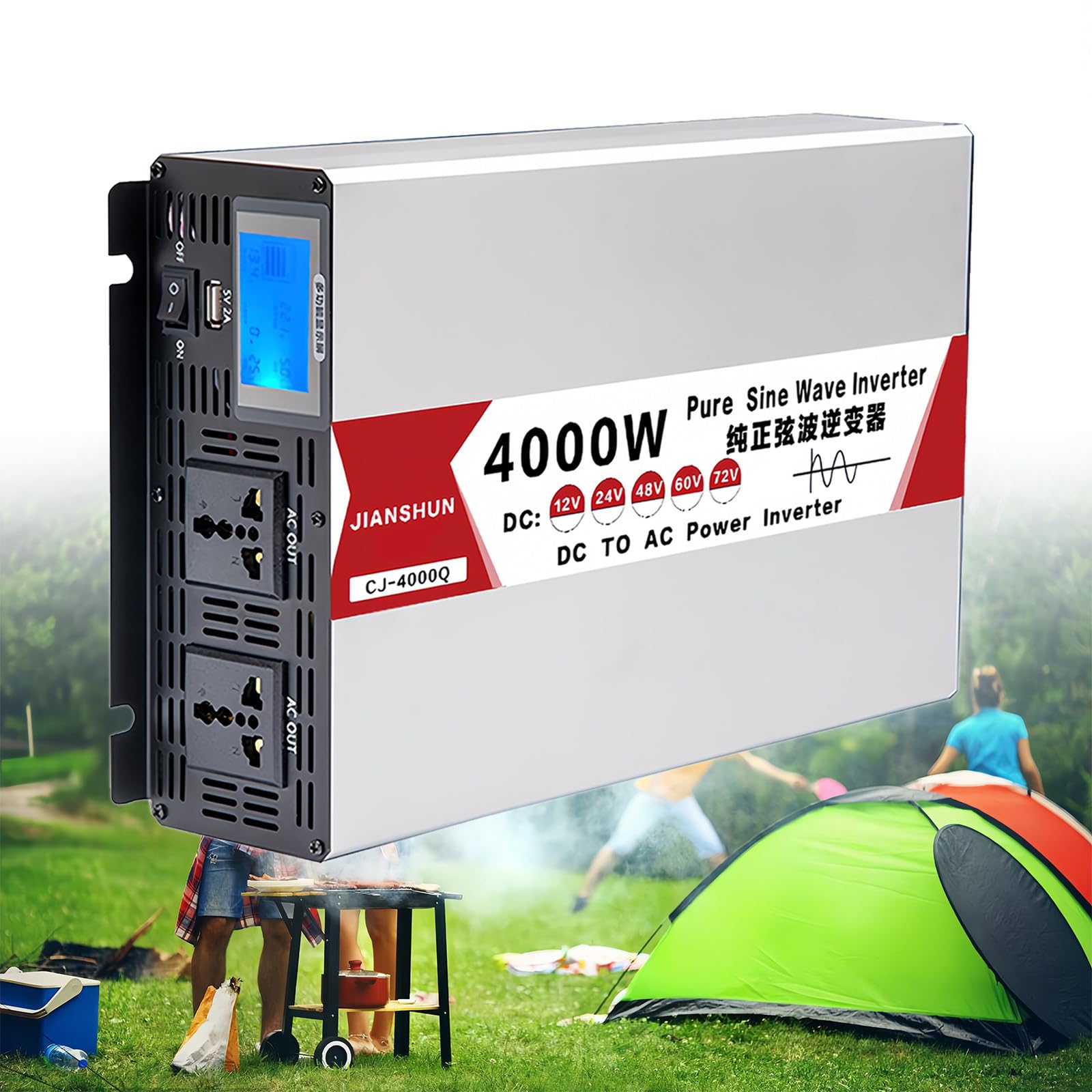 Fablestoryem 4000W 5000W 6000W 8000W Pure Sine Wave Inverter, 12V 24V 48V 60V To 120V 230V Vehicle Power Converter Car Adapter Continuous Input, With Usb Ports, Off-Grid Solar Power Inverter,-12V