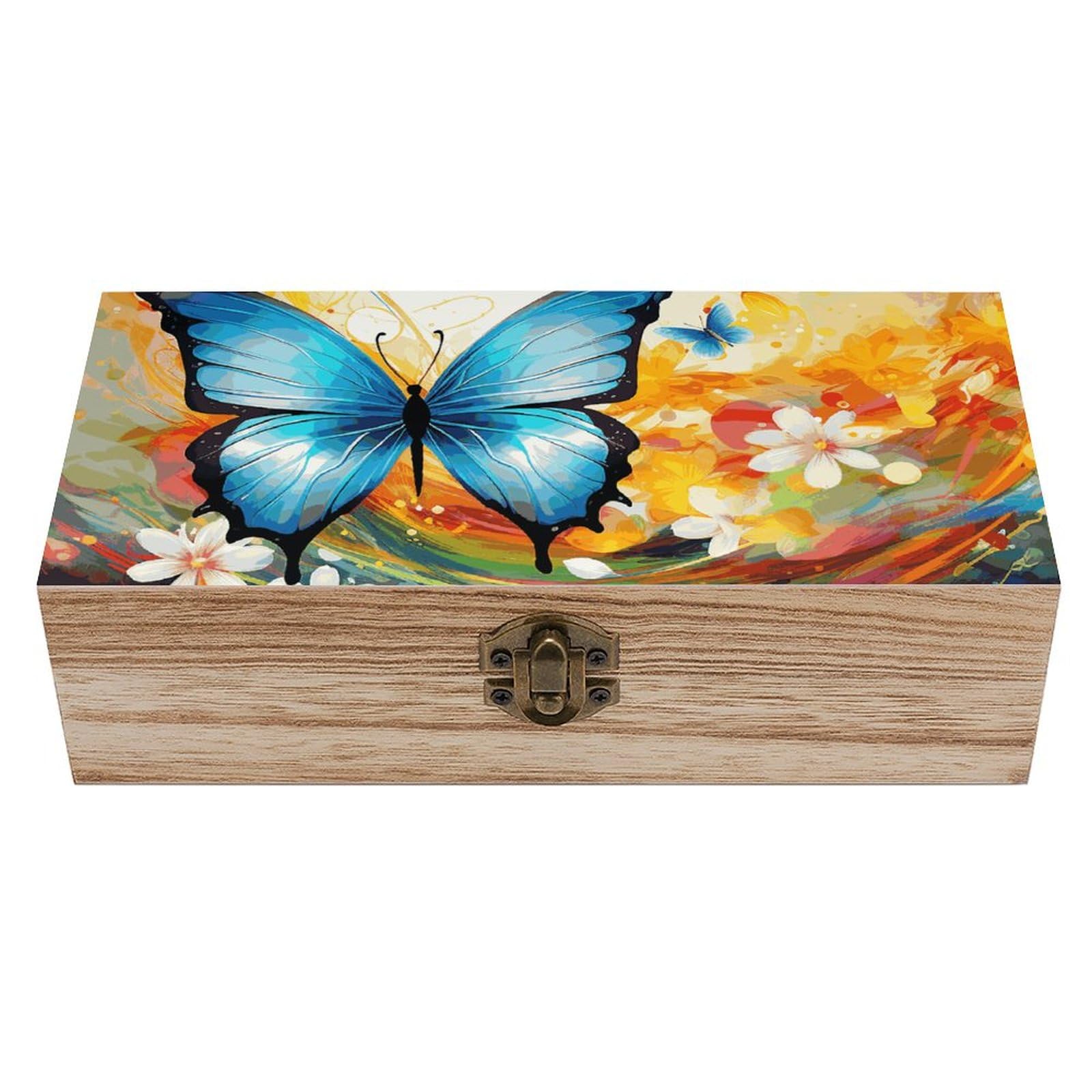 Smazdfxx As Pic Colorful With Butterfly Wooden Storage Box Acacia Storage Case With Hinged Lid Large Jewelry Storage Case Memory Vintage Treasure Chest