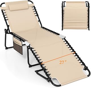 Goplus Extra Large Lounge Chair Outdoor, 27” Wide Folding 5-Position Tanning Chair with Detachable Pillow, Side Pocket, 16” High Chaise Lounger, 440LBS Capacity, Patio Lounge Chair for Yard Pool Yard