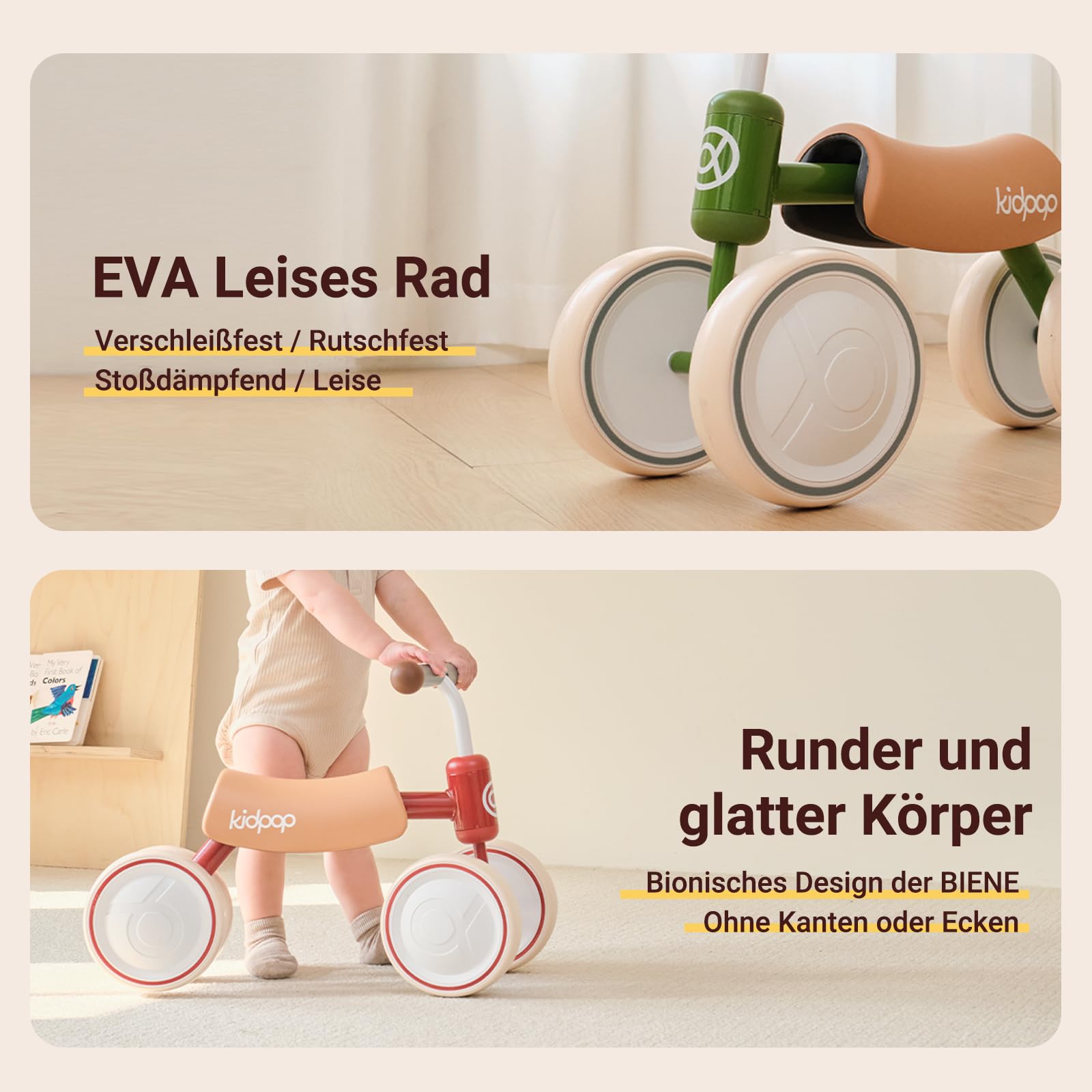 kidpop Big Bee Baby Balance Bike (Unisex), Vierrad-Laufrad, Kleinkind-Rutschfahrzeug für Kinder von 1 bis 2 Jahren, Geschenk zum ersten Geburtstag, das erste Fahrrad für die Kleinen