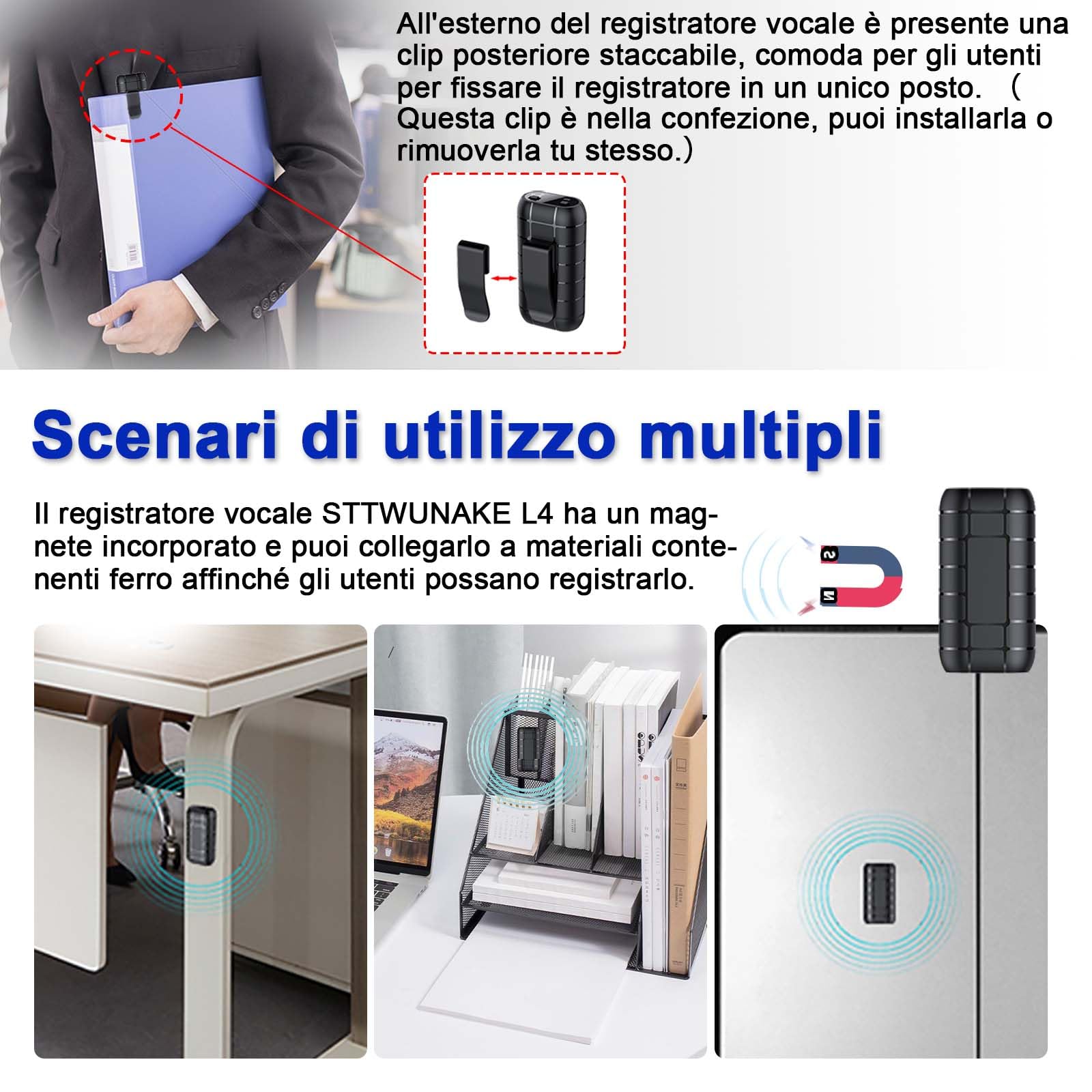 128G registratore magnetico ad attivazione vocale,Durata della batteria di 12 giorni, capacità di registrazione di 2000 ore, registratore audio digitale, piccoli dispositivi di registrazione