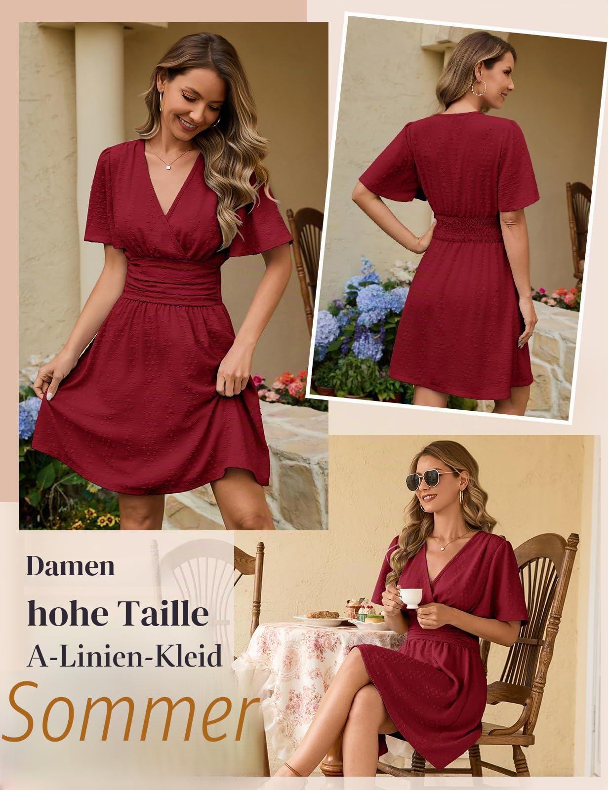 heekpek Damen Sommerkleid Kurzarm V-Ausschnitt A-Linie