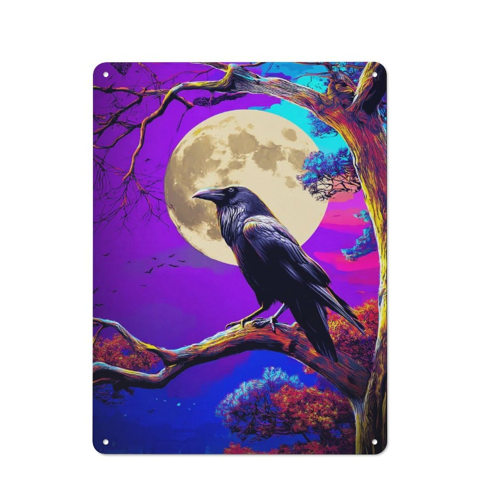 Junmoney Moonlit Raven枝头 Retro Tin Sign 40X30cm For Garden Room Or Summerhouse, A Housewarming Gift For Garden Room Decor Fans