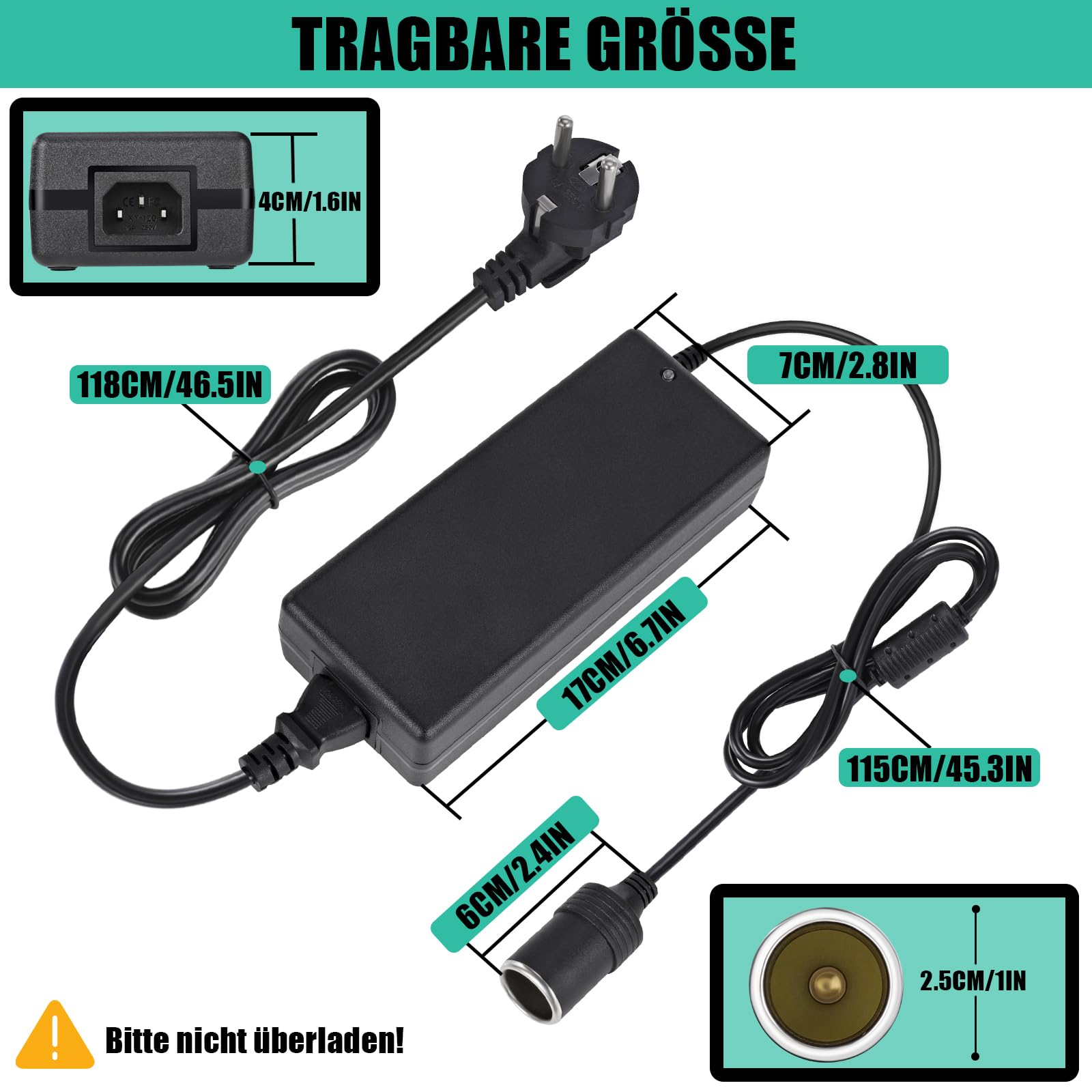 12V 15A KFZ Netzadapter,AC zu DC Spannungswandler 240V Auf 12V, 15A 180W Wechselrichter Adapter mit Zigarettenanzünder Buchse,KFZ-Netzteil Adapter für