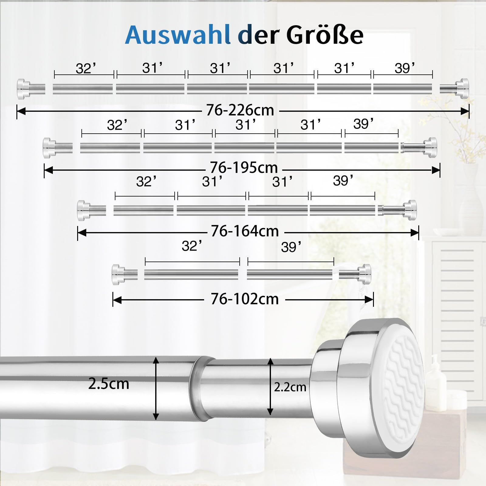 Tringle à Rideau De Douche Extensible Sans Perçage - 76 à 164cm - Acier Résistant - Fixation Solide