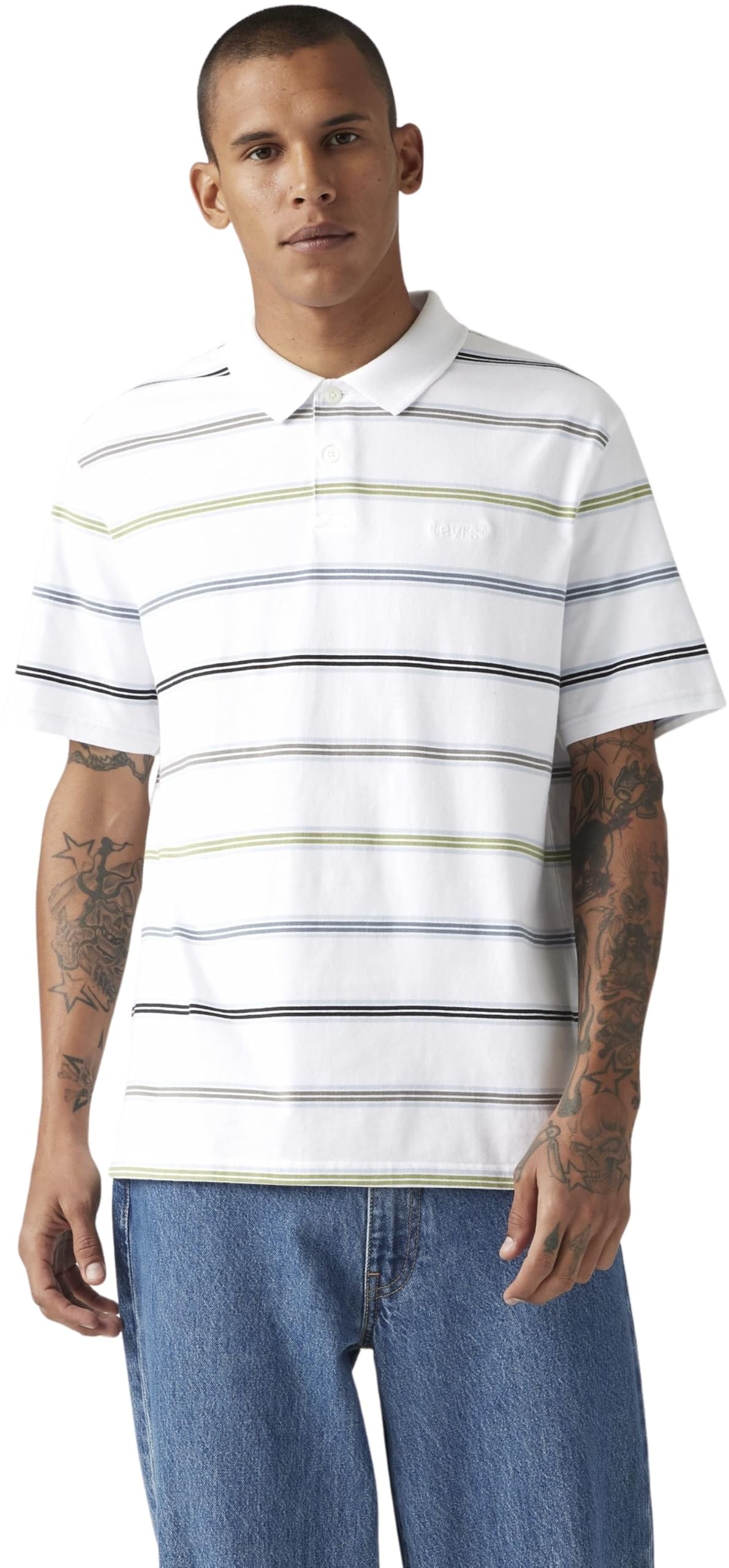 Levi's Men's Rowan Stripe Bright White - Multi Colour Short Sleeve Polo Shirt In Cotton, Relaxed Fit, Multicolor (Rowan Stripe Bright), Xs
