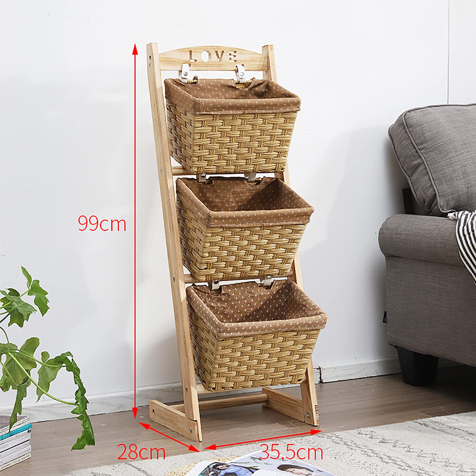 Dekoracyjny organizer do przechowywania zabawek, pionowy stojący stojak do przechowywania, wiklinowe kosze tkane, 35,5 x 28 x 99 cm (14 x 11 x 39 cala), brązowy, trawa morska, drewno