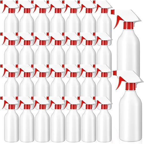 Tanlade Paquete de 30 botellas de plástico de 16 onzas a prueba de fugas, botellas vacías rellenables, botella de agua rociadora con boquillas rojas