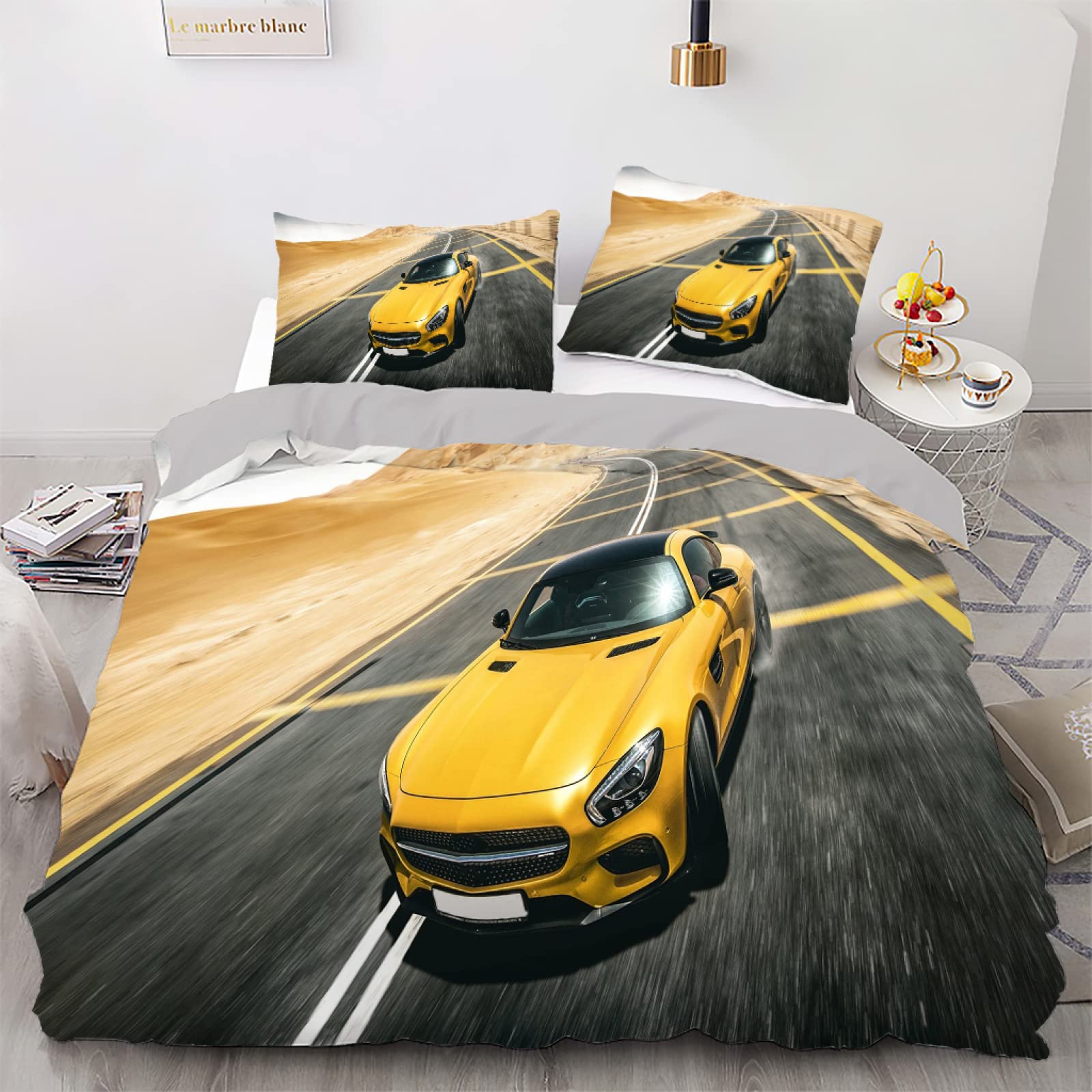 Parure de lit 90x190 enfant voiture jaune pour des nuits pleines de beaux rêves