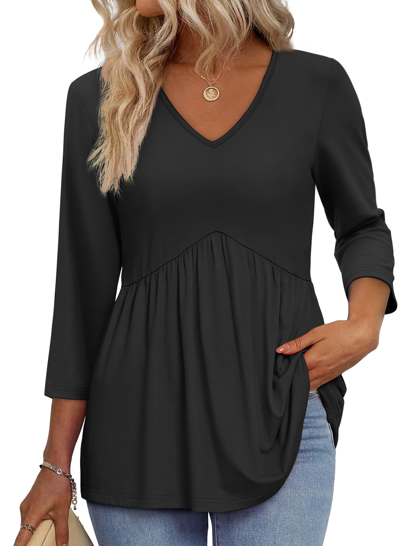 OFEEFAN 3/4 Length Sleeve Womens Tops 2026 Blouses for Women Dressy Casual Fashion Clothing V Neck Babydoll Tops Fall Outfits