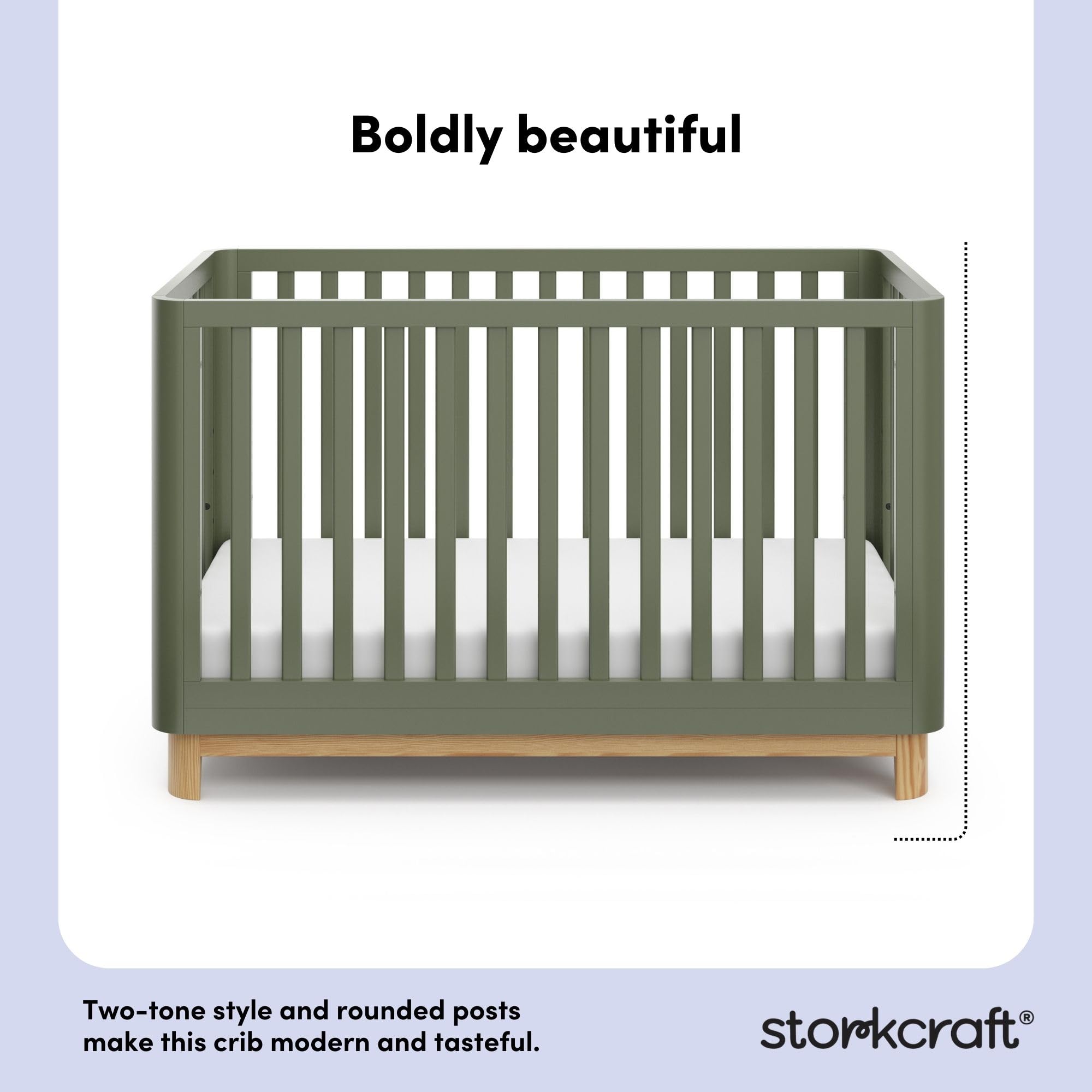 Storkcraft Santos 3-in-1 Convertible Crib (Olive with Natural) – GREENGUARD Gold Certified, Fits Standard Crib Mattress, Converts to Toddler Bed and Daybed, Rounded Details, Designer Edition