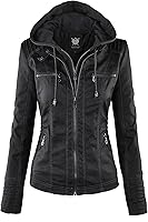 LockandLove Women's Faux Leather Moto Biker Jacket with Removable Hood - Slim Fit Vegan Leather Coat